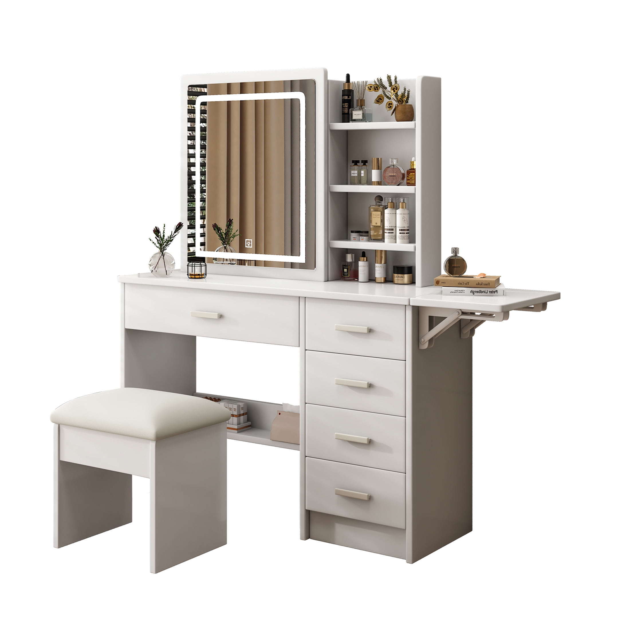 Aukfa Makeup Vanity Set with Mirror & Open Shelves, LED Vanity Desk, White