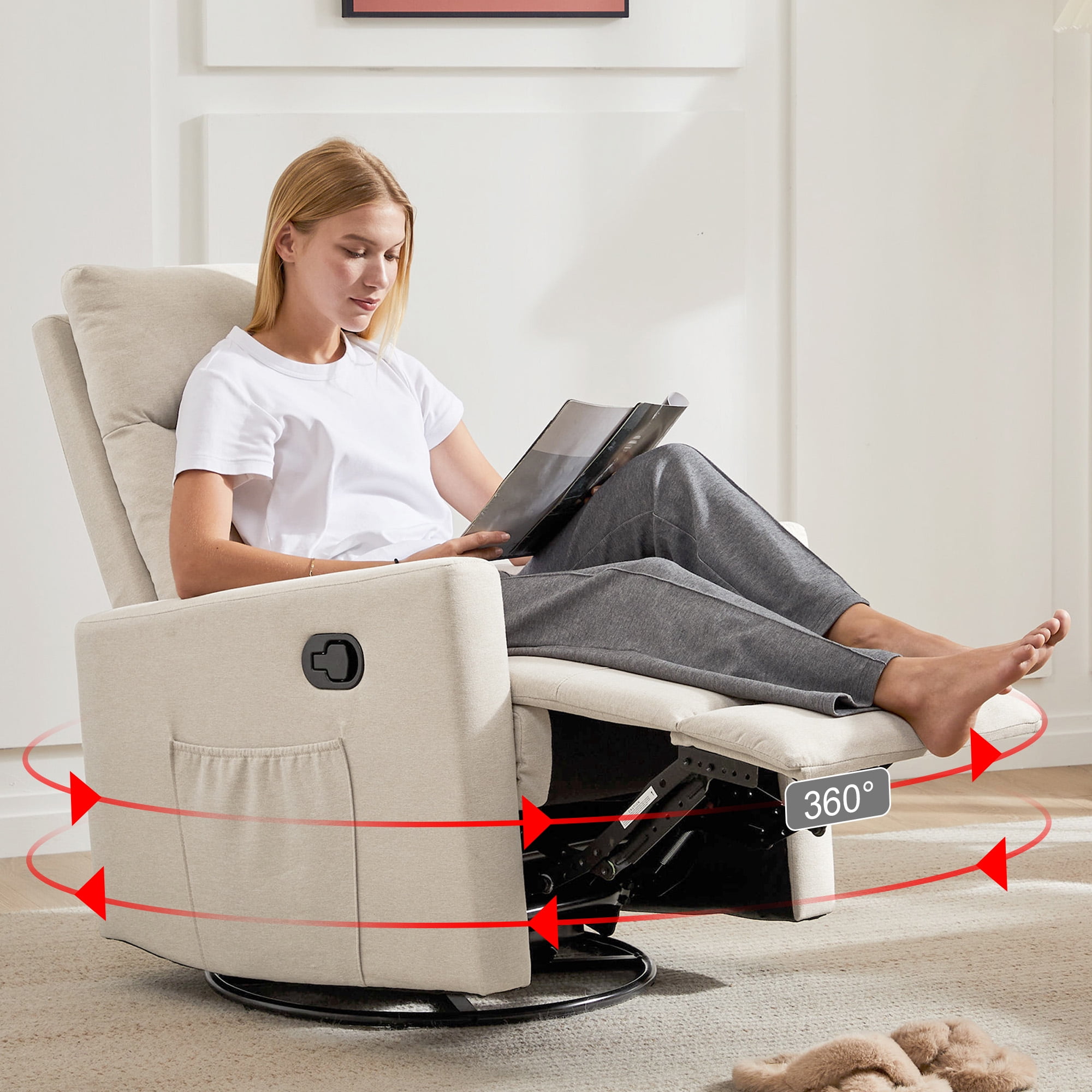 Aukfa Manual Recliner Chair, 360 Degree Swivel Armchair with Storage