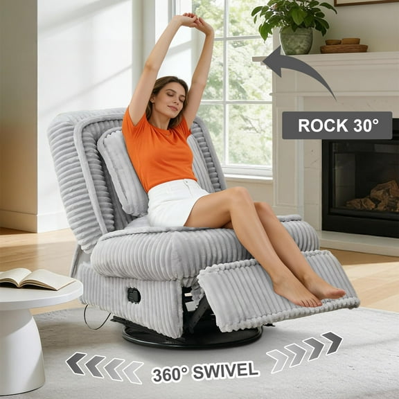 Aukfa 34"W Recliner Chair 360 Swivel Rocker Glider Chair w/ Thick Pad for Living Room Nursery, Corduroy, Gray