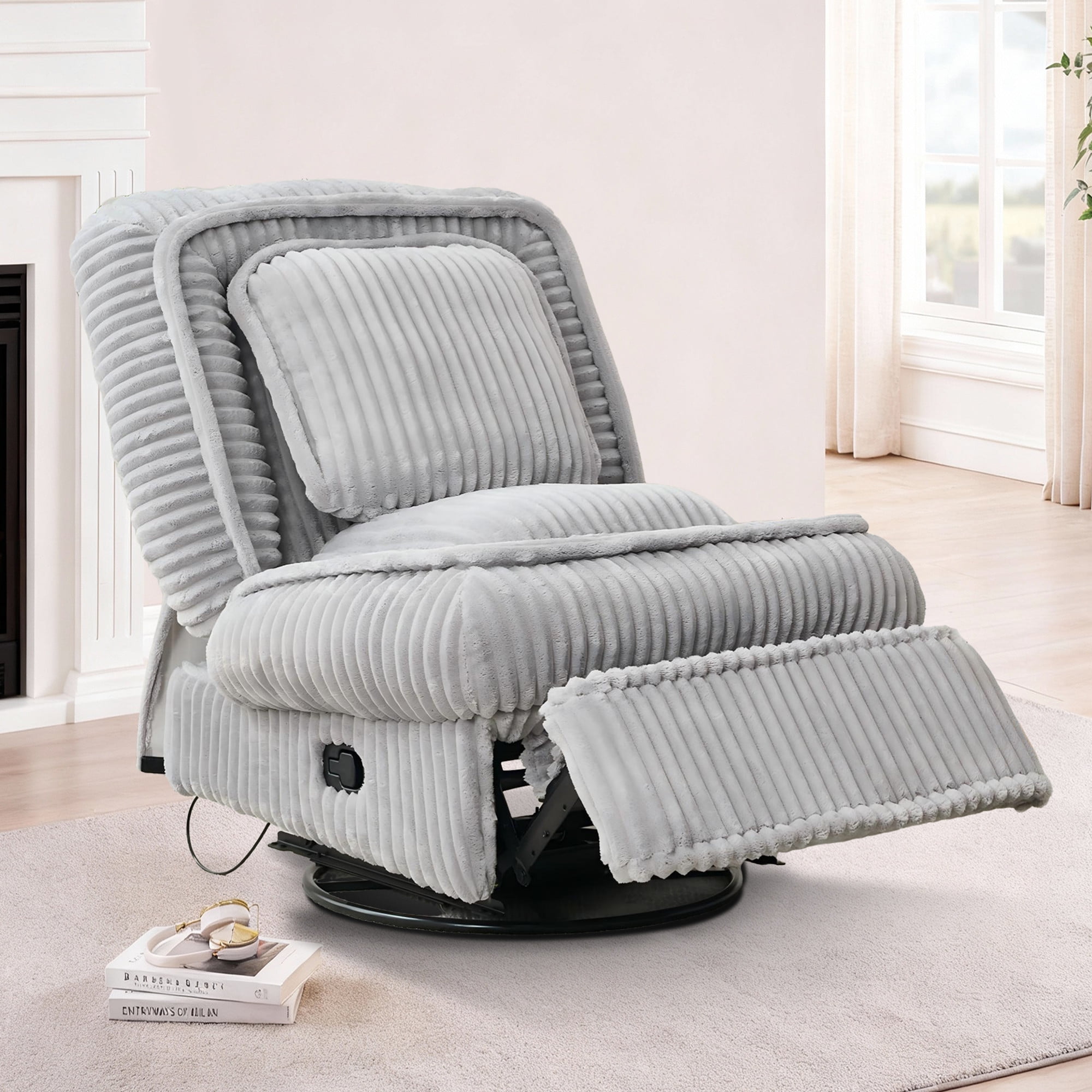 Aukfa Recliner Chair Swivel Rocker Glider with Deep Seat&Thick Pad for Living Room Nursery, Corduroy, Gray