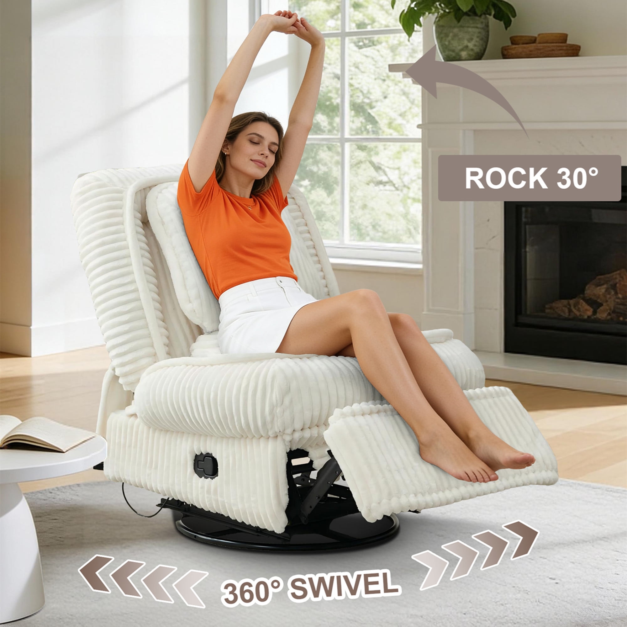 Aukfa 360 Swivel Rocker Glider Recliner Chair for Living Room Nursery, Thick Pad, Corduroy, Beige
