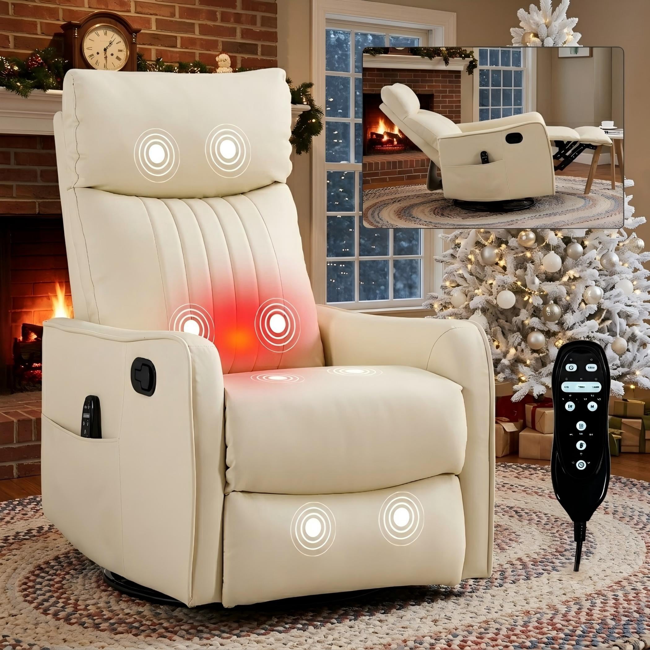 Aukfa Massage Recliner Chair with Heat, Faux Leather 360° Swivel Rocker Recliner, Overstuffed Manual Reclining Glider Chair with Vibration, Beige