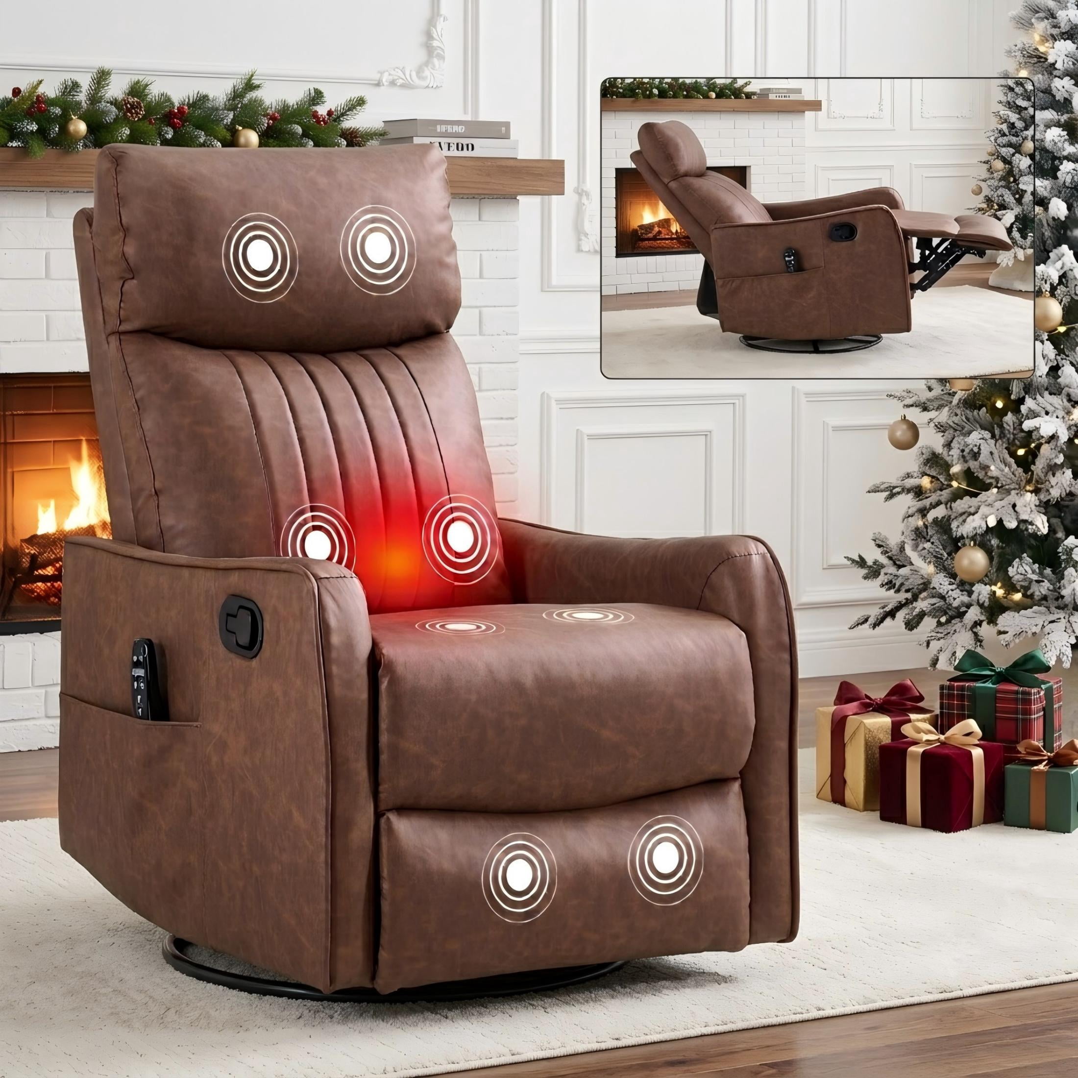 Aukfa Massage Recliner Chair with Heat, Faux Leather 360° Swivel Rocker Recliner, Overstuffed Manual Reclining Glider Chair with Vibration, Brown
