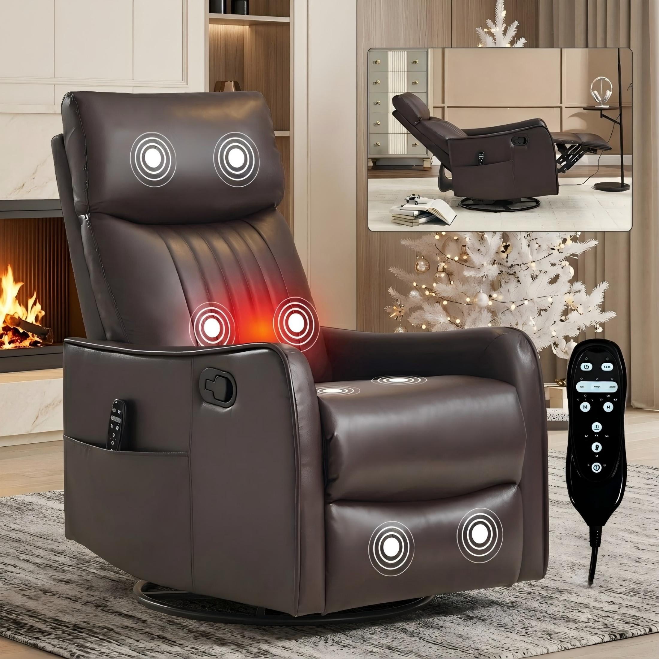 Aukfa Massage Recliner Chair with Heat, Faux Leather 360° Swivel Rocker Recliner, Overstuffed Manual Reclining Glider Chair with Vibration, Espresso