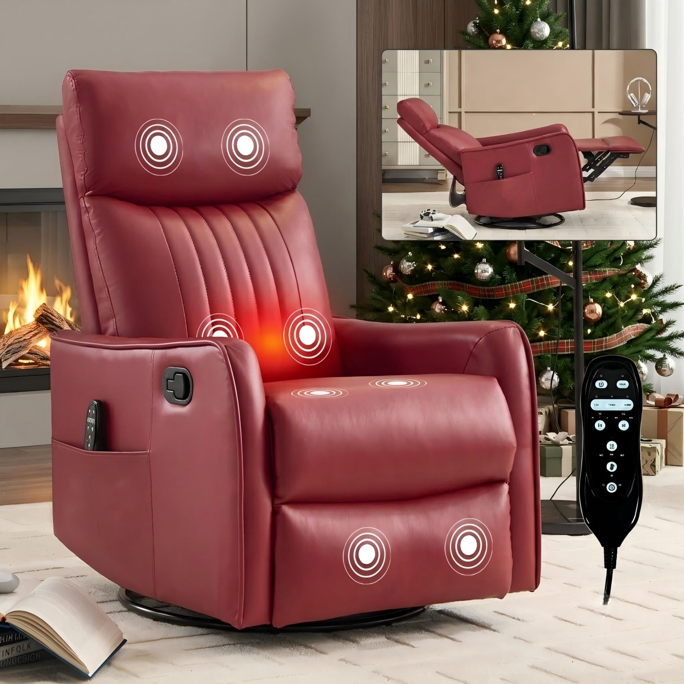 Aukfa Massage Recliner Chair with Heat, Faux Leather 360° Swivel Rocker Recliner, Overstuffed Manual Reclining Glider Chair with Vibration, Red