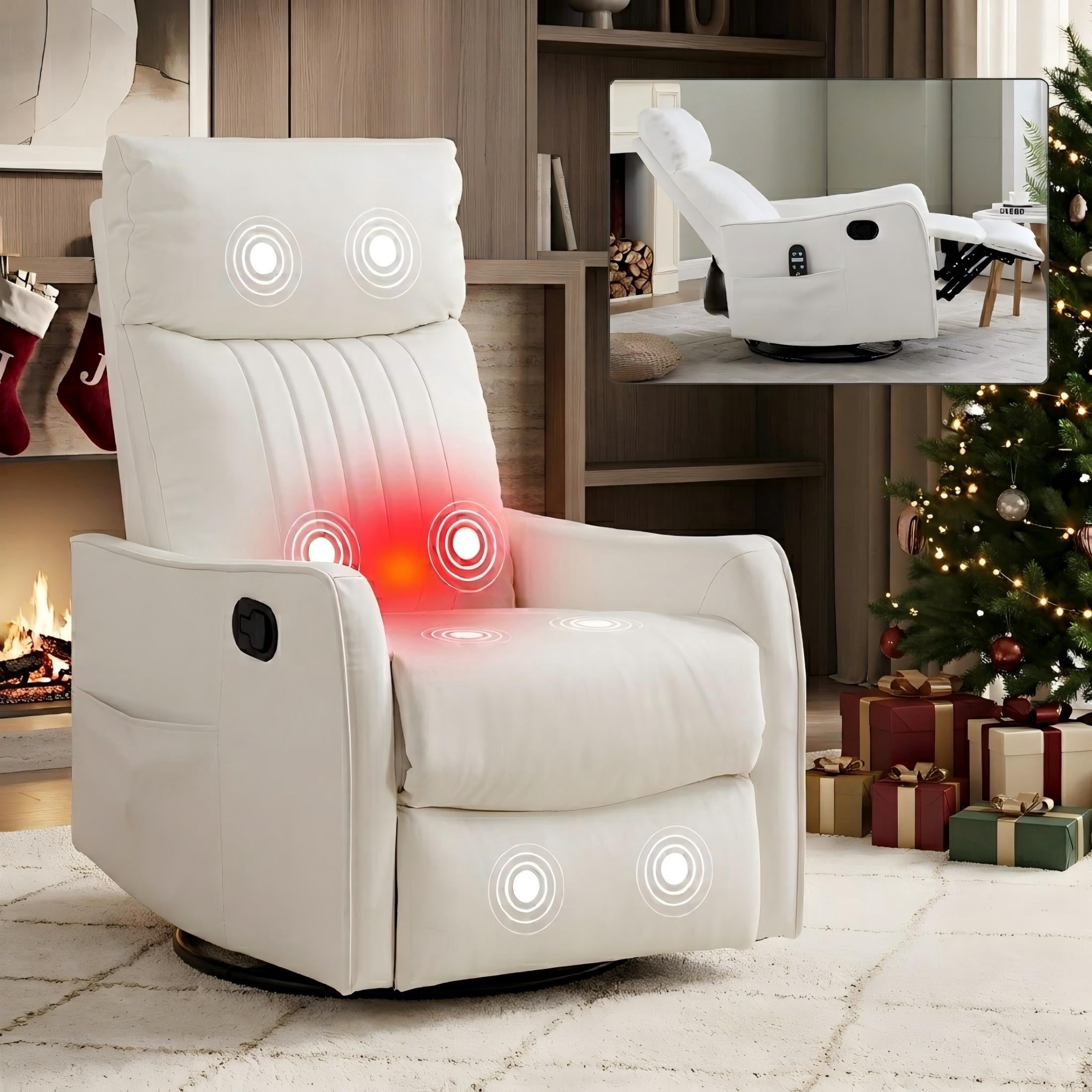 Aukfa Massage Recliner Chair with Heat, Faux Leather 360° Swivel Rocker Recliner, Overstuffed Manual Reclining Glider Chair with Vibration, White