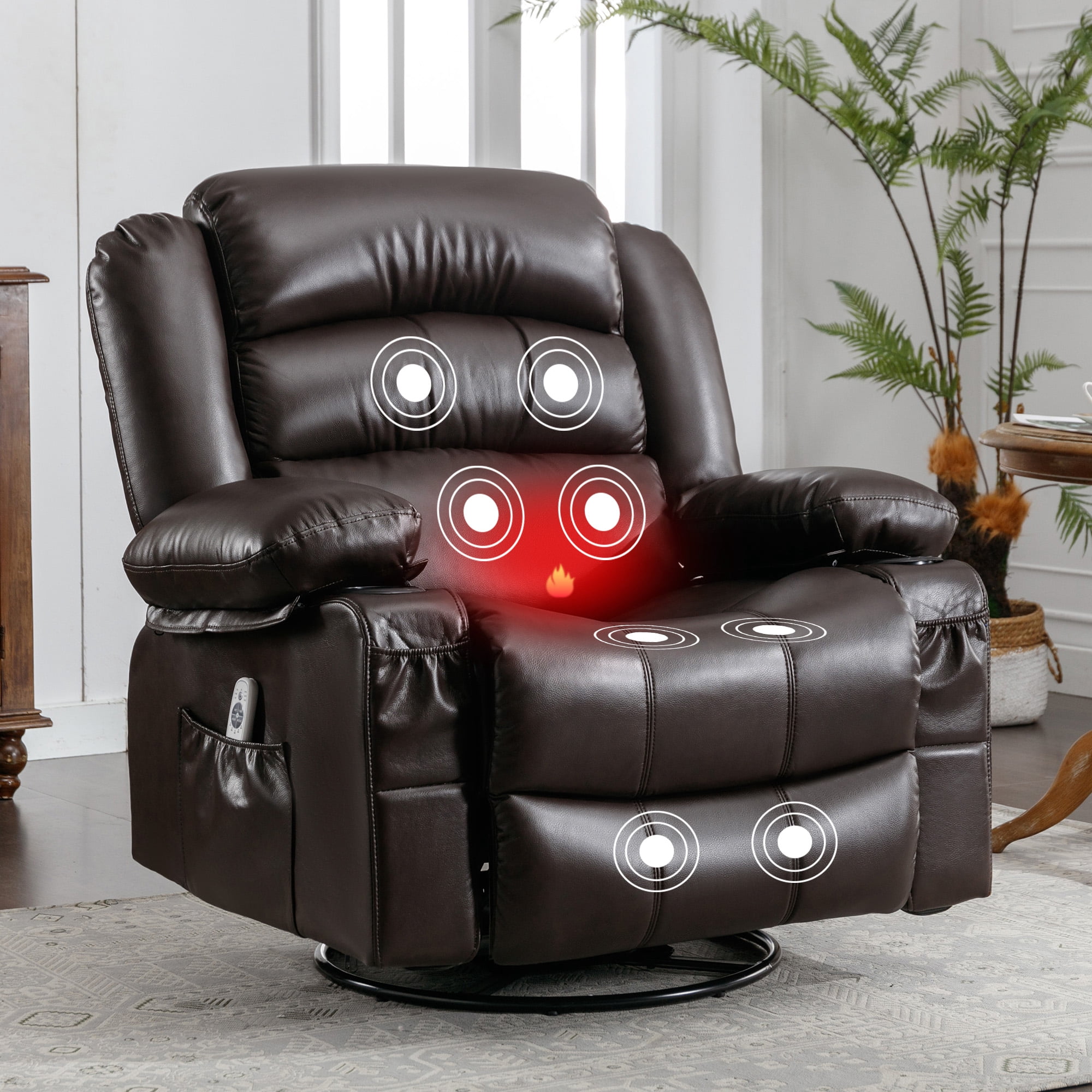 Aukfa Massage Swivel Rocker Recliner Chair with Heat,Vibration,Cup Holders,Faux Leather,Brown