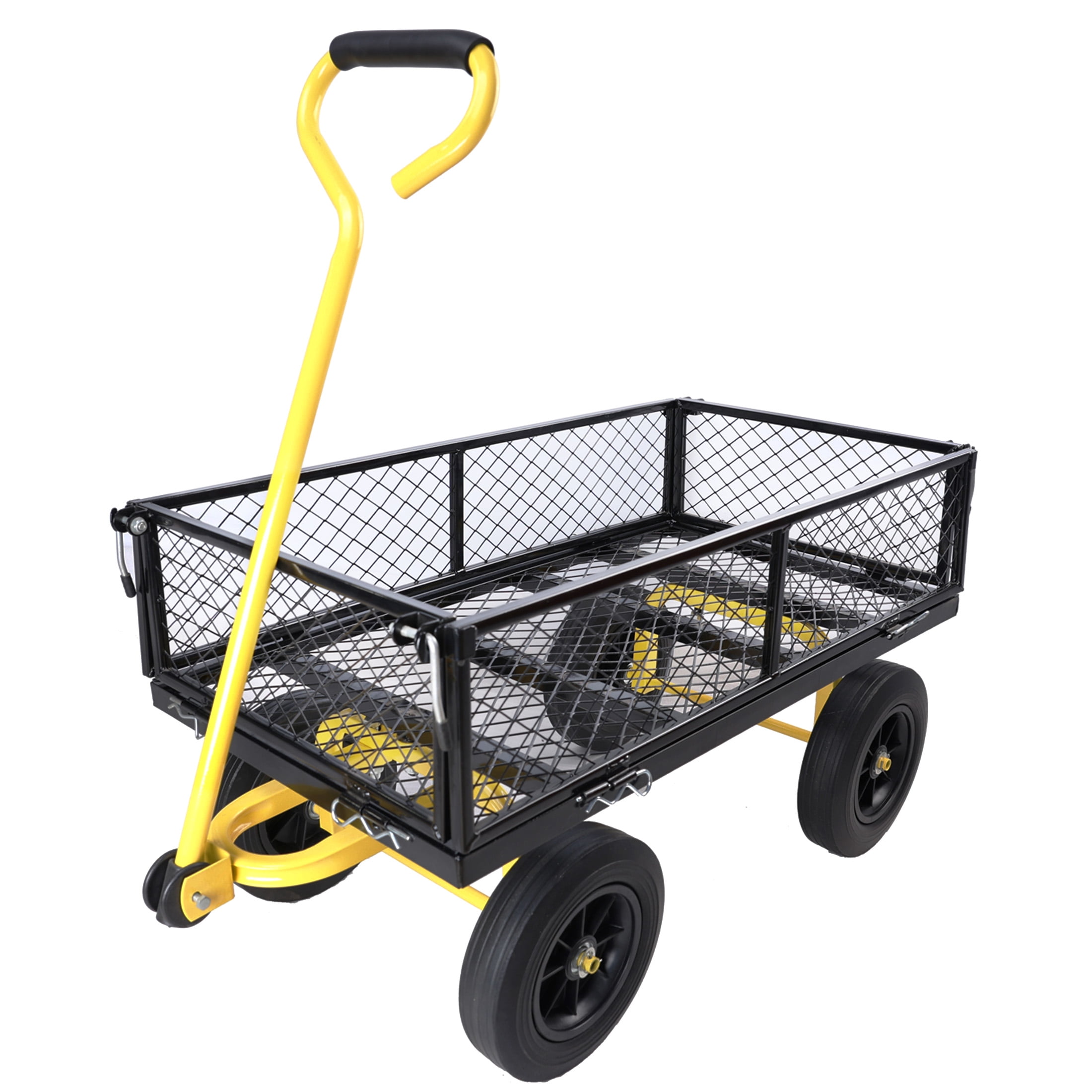 Aukfa Mesh Steel Wagon Cart with Removable Sides, Garden Cart Heavy Duty Utility Wagon with Rotating Handle/10'' Tires for Garden Yard, Yellow