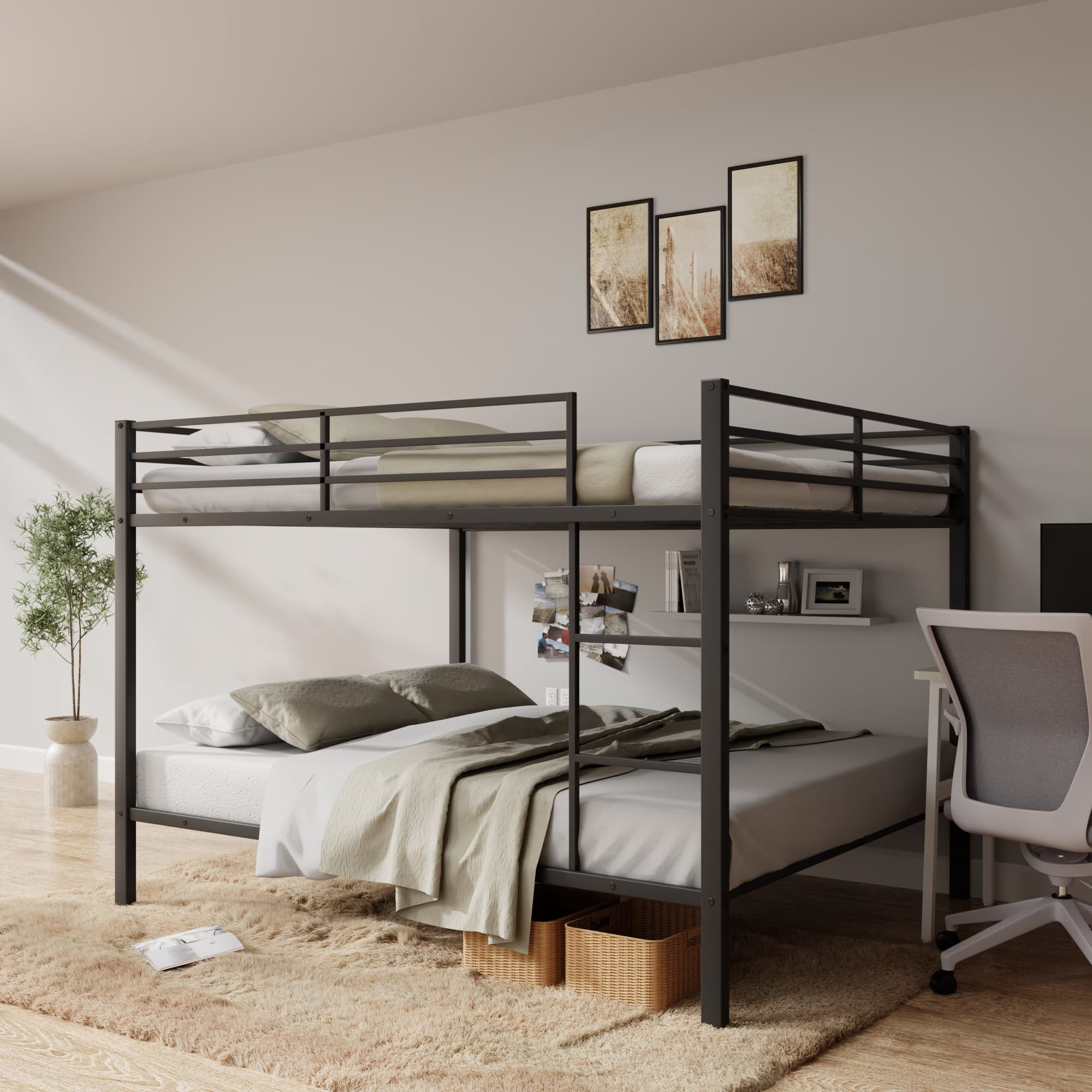 Aukfa Metal Bunk Bed Full over Full, High Guardrail and Metal Slats, Space-Saving Bed Frame for Kids Teens, Black