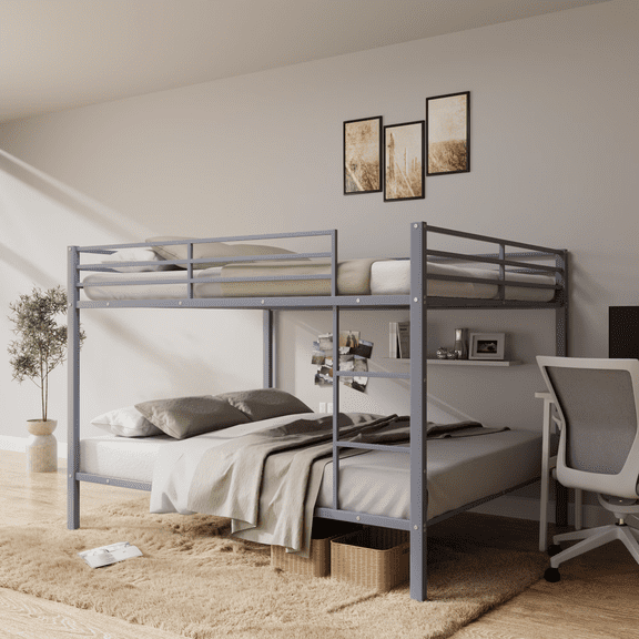 Aukfa Metal Bunk Bed Full over Full, High Guardrail and Metal Slats, Space-Saving Bed Frame for Kids Teens, Gray