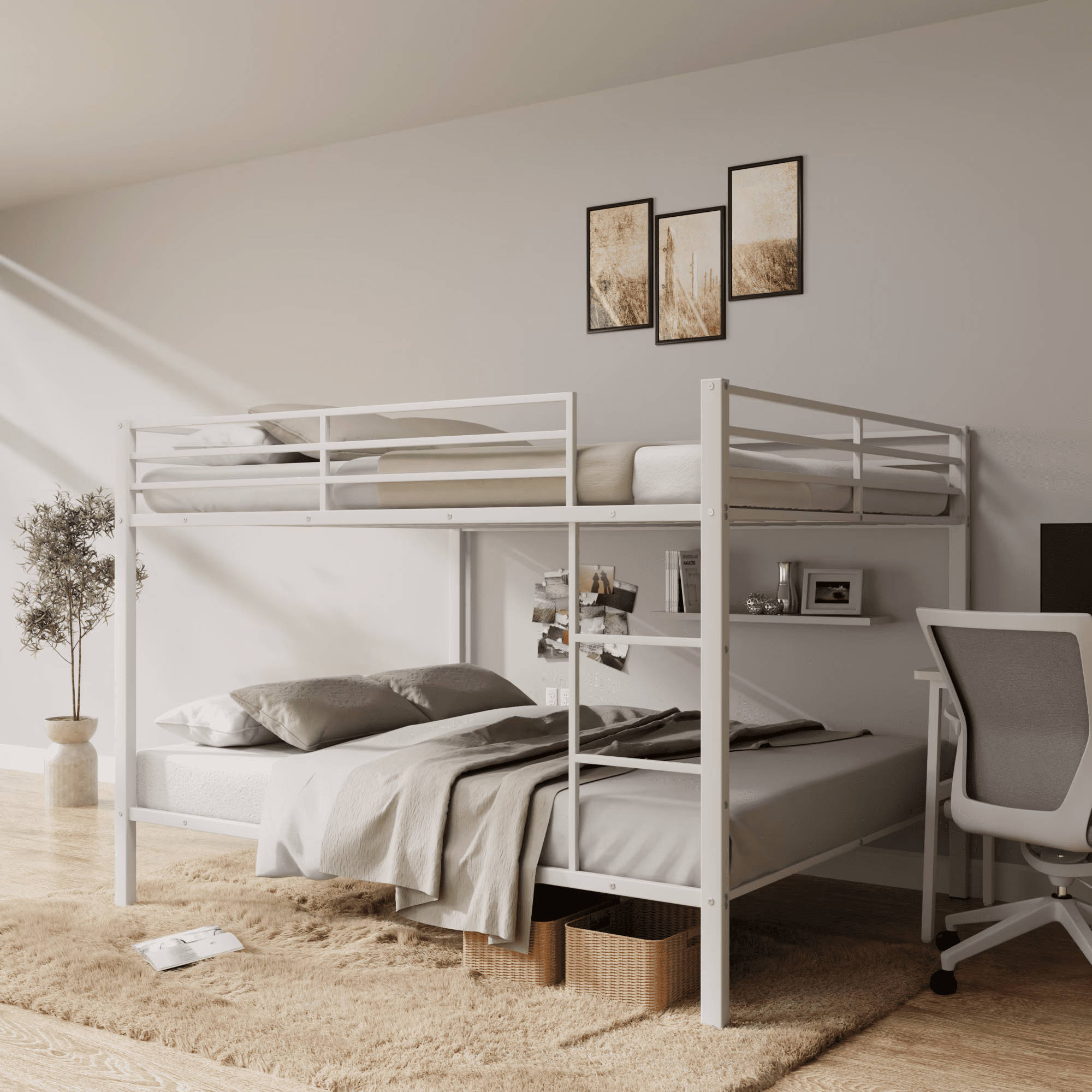 Aukfa Metal Bunk Bed Full over Full, High Guardrail and Metal Slats, Space-Saving Bed Frame for Kids Teens, White
