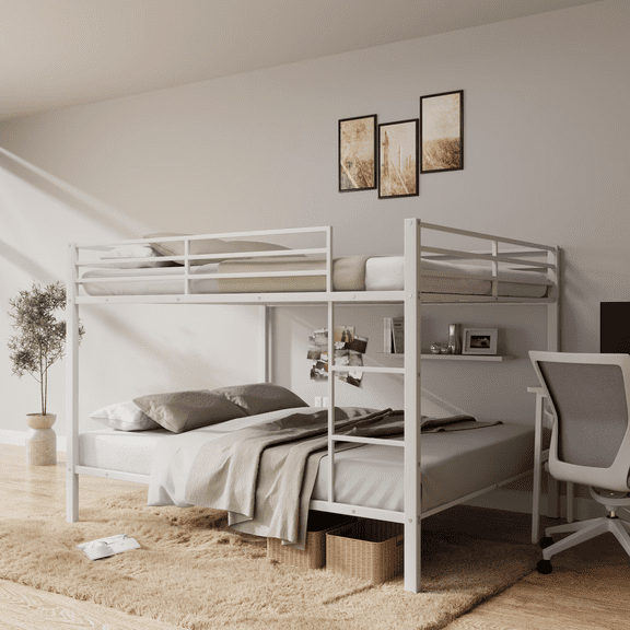 Aukfa Metal Bunk Bed Full over Full, High Guardrail and Metal Slats, Space-Saving Bed Frame for Kids Teens, White