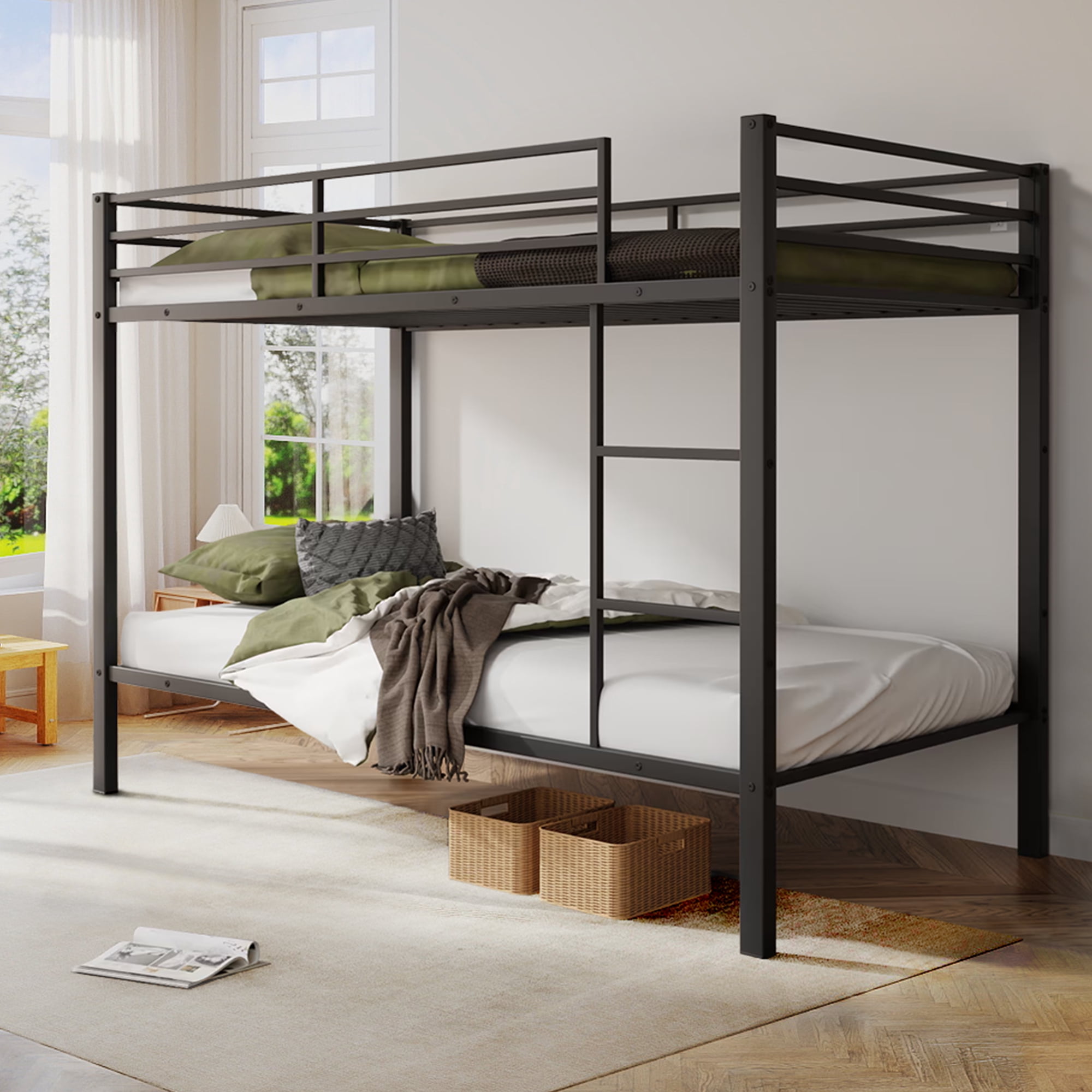 Aukfa Metal Bunk Bed Twin Over Twin, High Guardrail and Metal Slats, Space-Saving Bed Frame for Kids Teens, Black