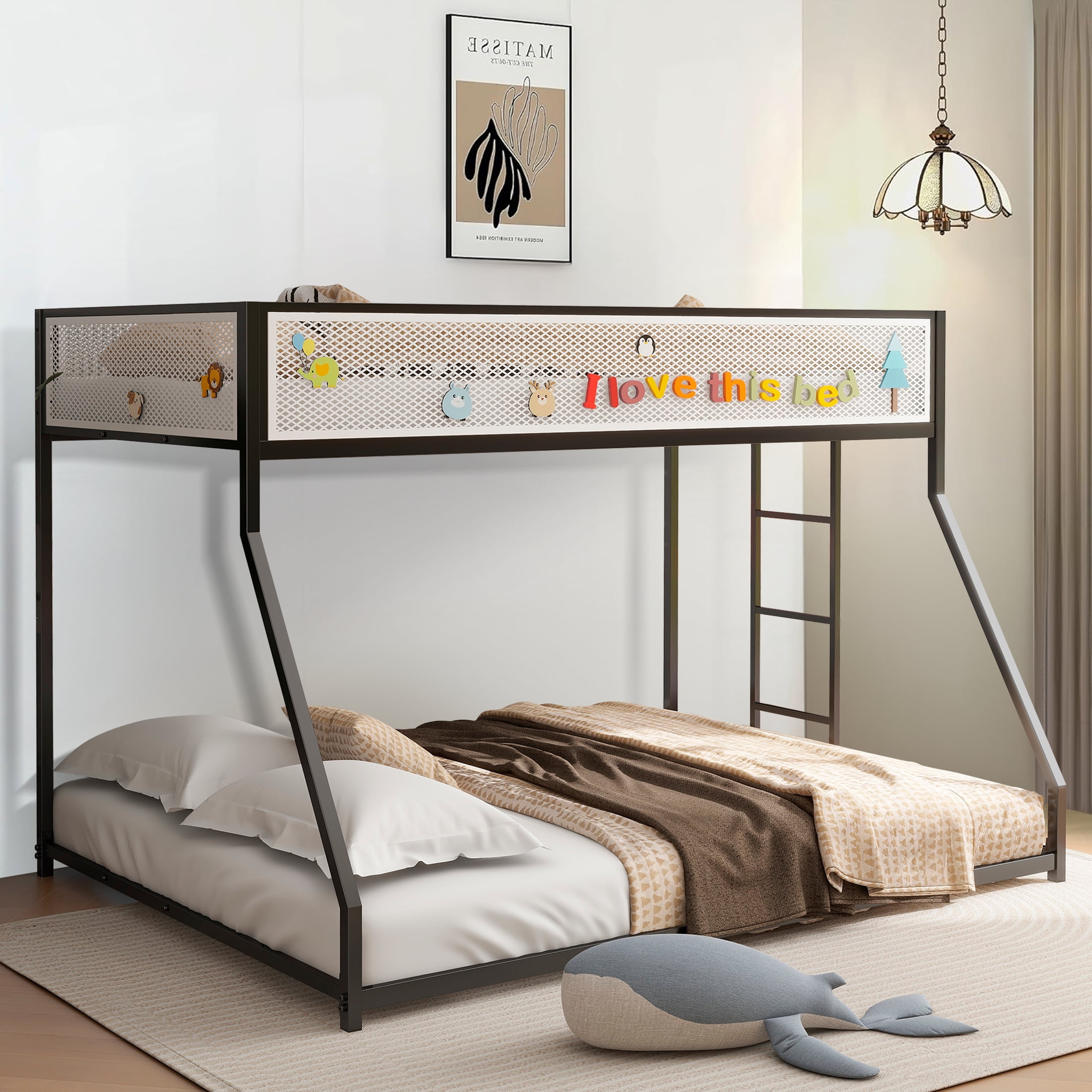 Aukfa Metal Bunk Bed, Twin over Full Floor Bed Frame with Mesh Guardrail for Kids Teens, Black
