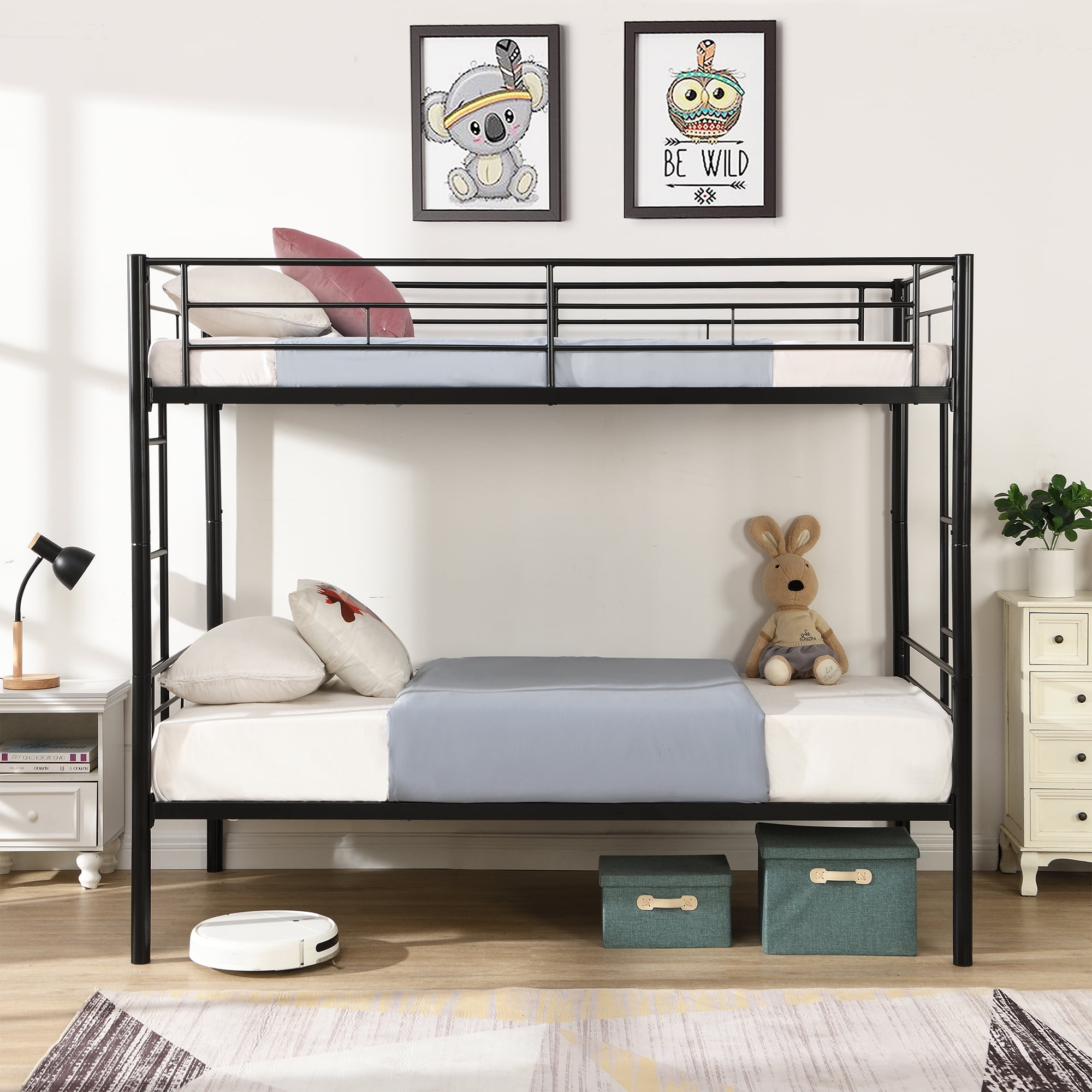 Aukfa Metal Bunk Bed Twin over Twin, Able to Split Two Beds for Kids Teens Dorm - Black