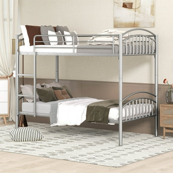 Aukfa Metal Bunk Bed Twin over Twin, Convertible to 2 Twin Bed Frame, Silver