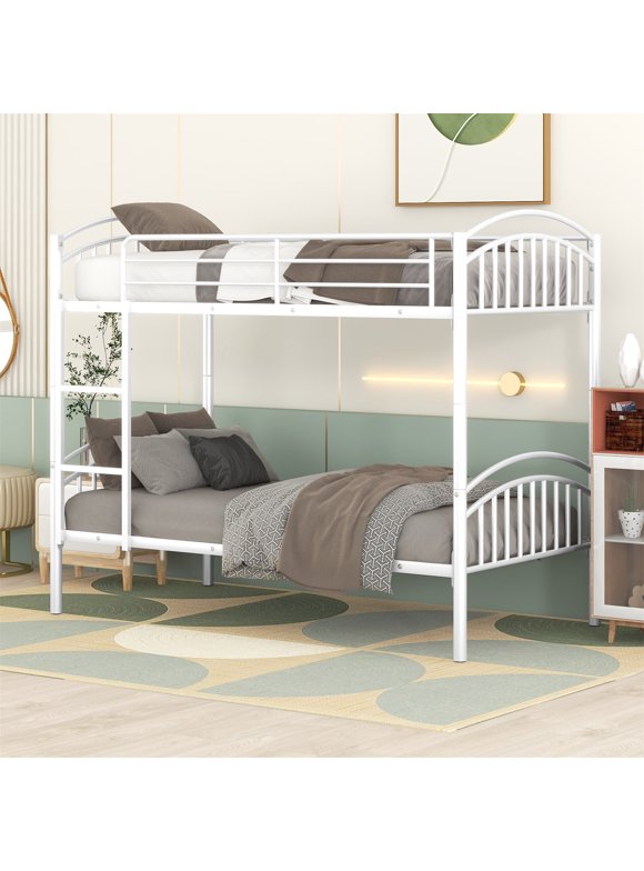 Aukfa Metal Bunk Bed Twin over Twin, Convertible to 2 Twin Bed Frame, White