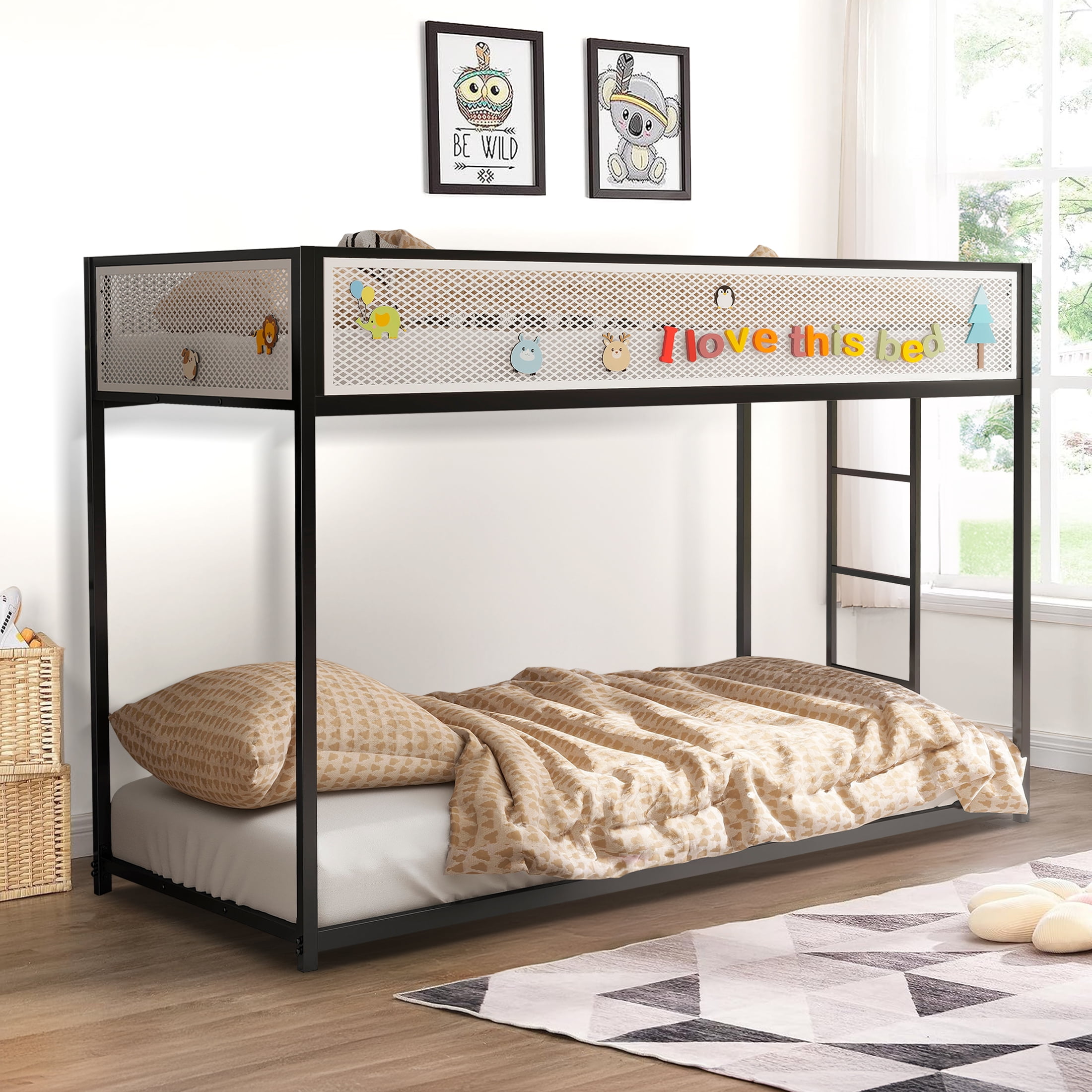 Aukfa Metal Bunk Bed, Twin over Twin Floor Bed Frame with Mesh Guardrail for Kids Teens, Black