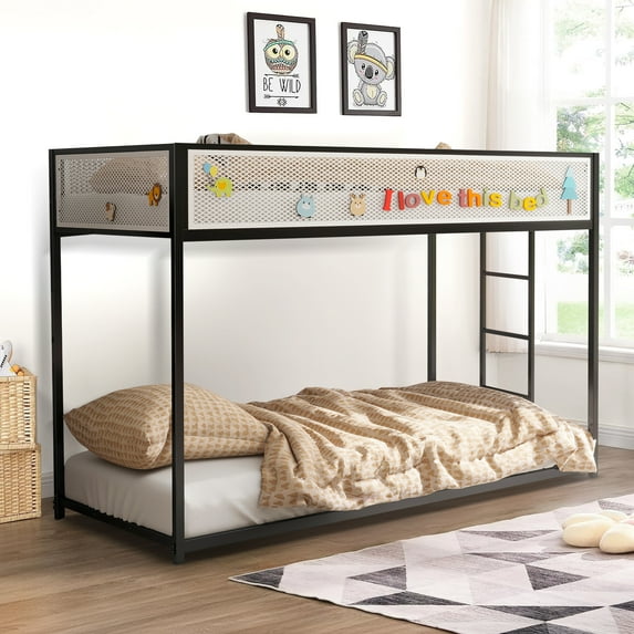 Aukfa Metal Bunk Bed, Twin over Twin Floor Bed Frame with Mesh Guardrail for Kids Teens, Black