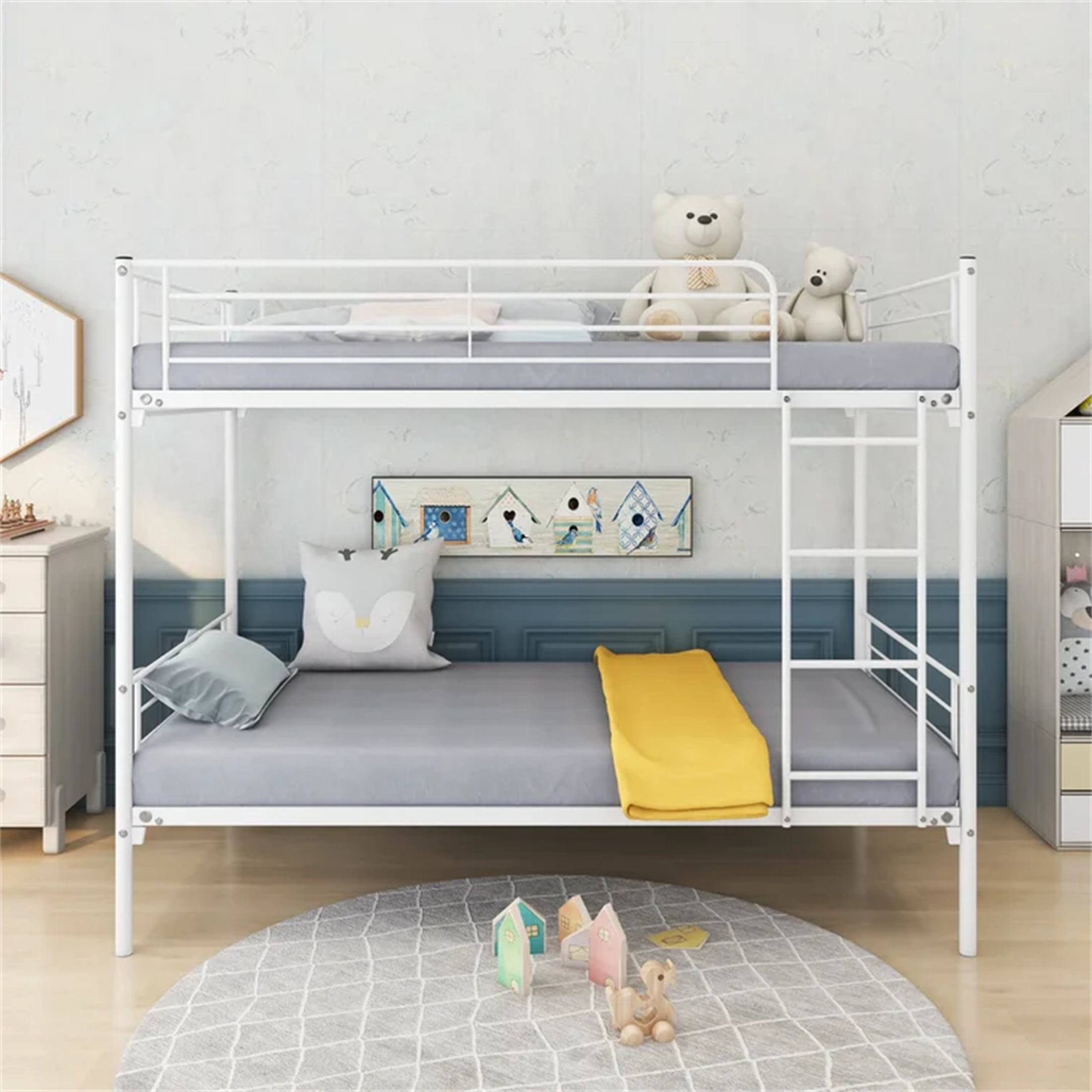 Aukfa Metal Bunk Bed for Kids, Twin over Twin, Built in Ladder, White