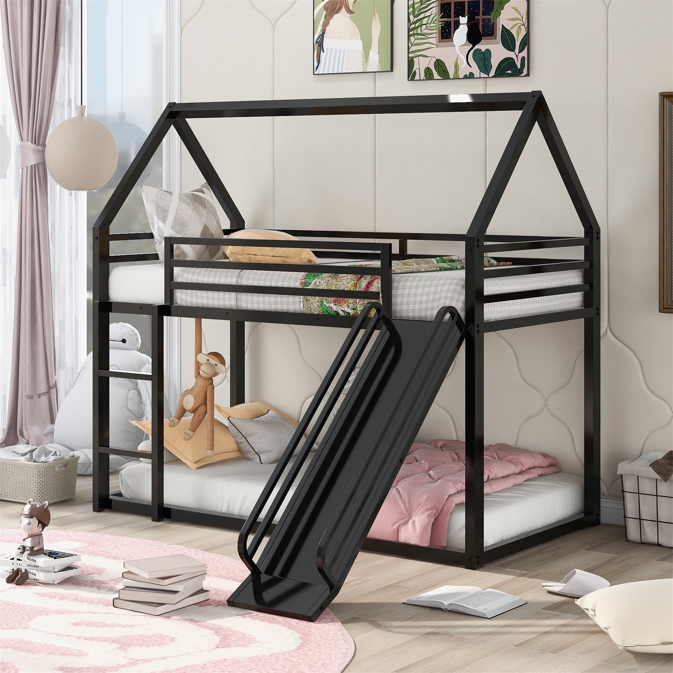 Aukfa Metal Bunk Bed with Slide, Twin over Twin, House Shape Loft Bed for Kids Teen, Black