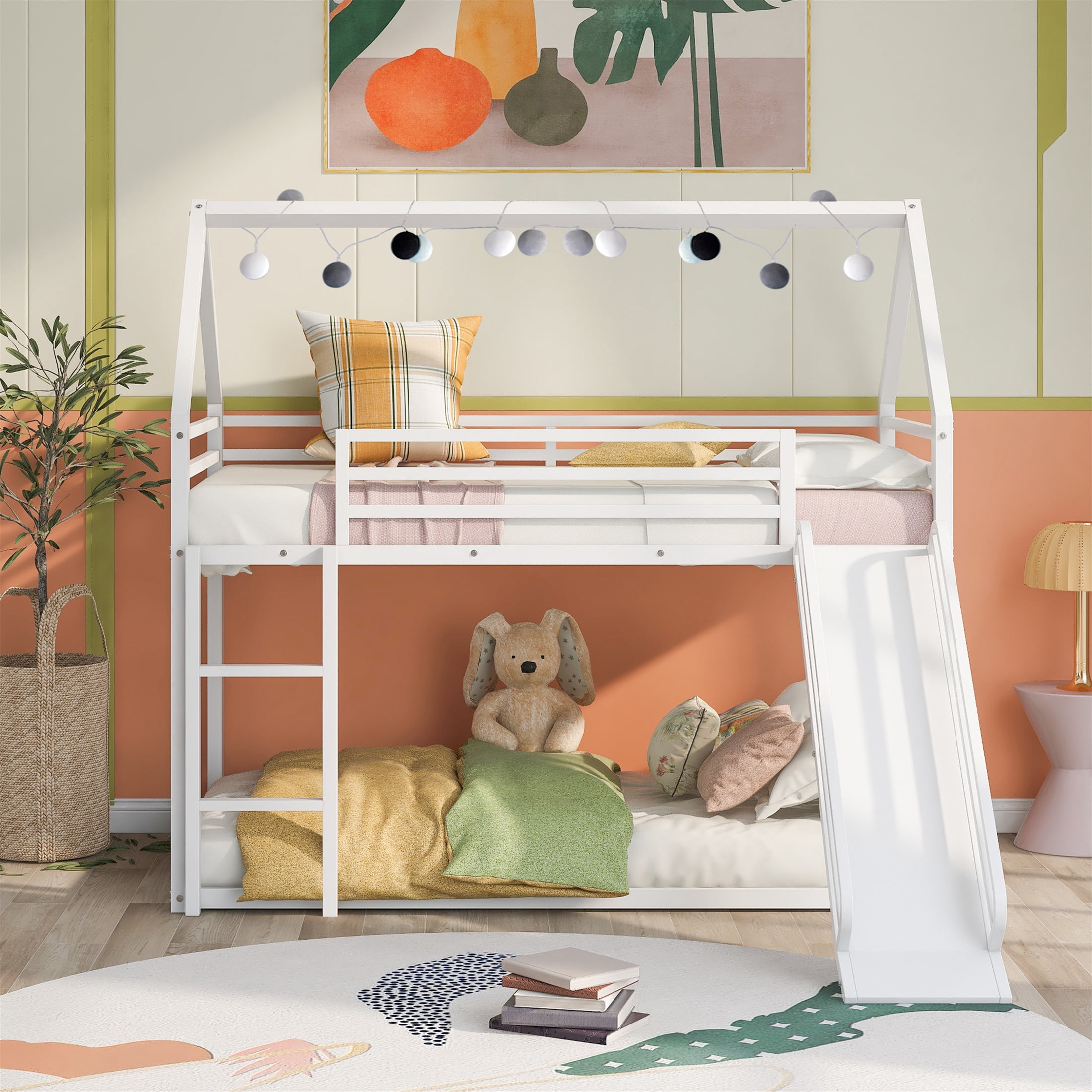 Aukfa Metal Bunk Bed with Slide, Twin over Twin, House Shape Loft Bunk Bed for Kids, White