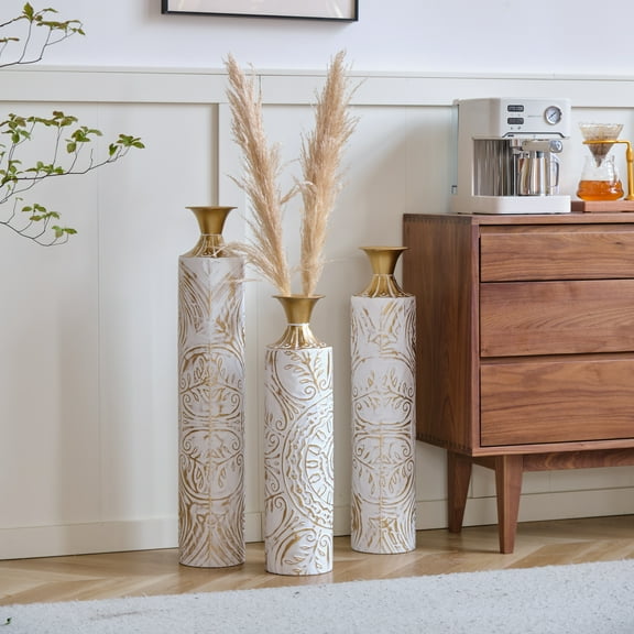 Aukfa Metal Decorative Tall Floor Vase,Set of 3 Large glazed Vases,24"/ 28.7"/33.5" H,White