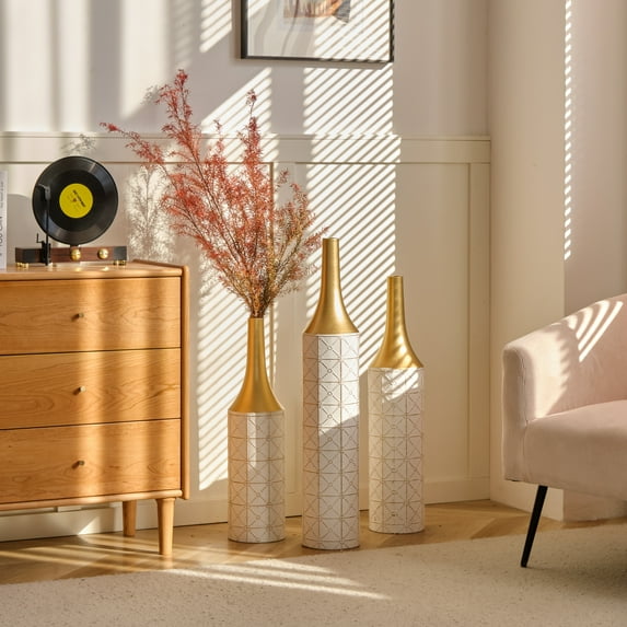 Aukfa Metal Decorative Tall Floor Vase,Set of 3 Large glazed Vases,24"/ 28.7"/33.5" H,White