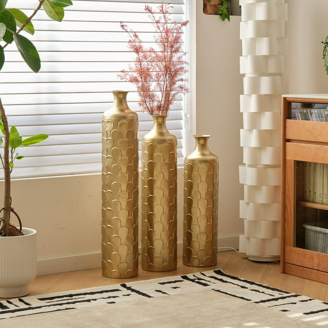 Aukfa Metal Decorative Tall Floor Vase,Set of 3 Large glazed Vases,25.2"/ 29.33"/34.25" H,Gold