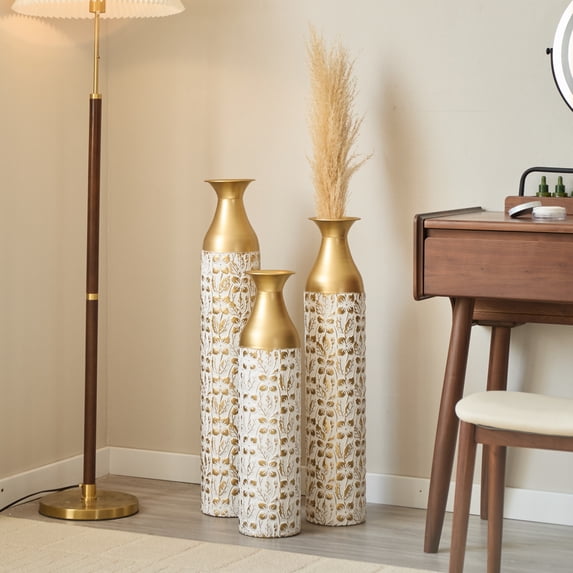 Aukfa Metal Decorative Tall Floor Vase,Set of 3 Vases Gilded White 3D Relief,24"/ 29"/32. 68" H,Gold
