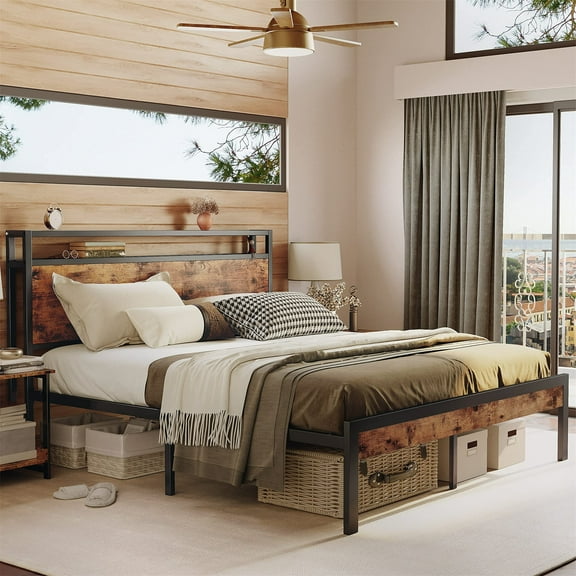 Aukfa Metal Full Size Bed Frame with USB Charge Port, Wood Storage Headboard Shelf, Black