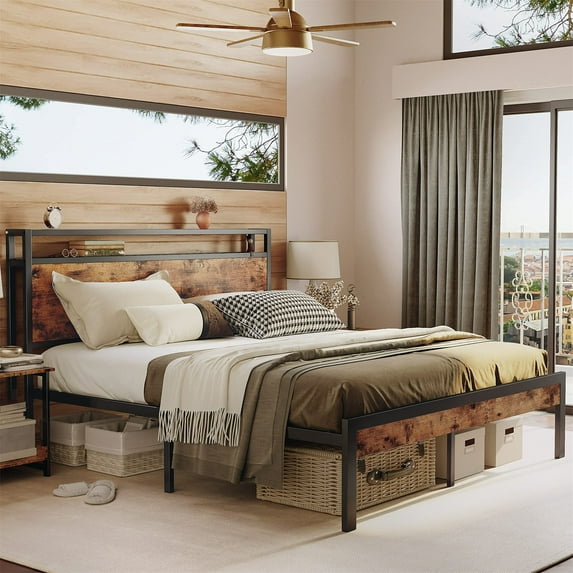 Aukfa Metal Full Size Bed Frame with USB Charge Port, Wood Storage Headboard Shelf, Black