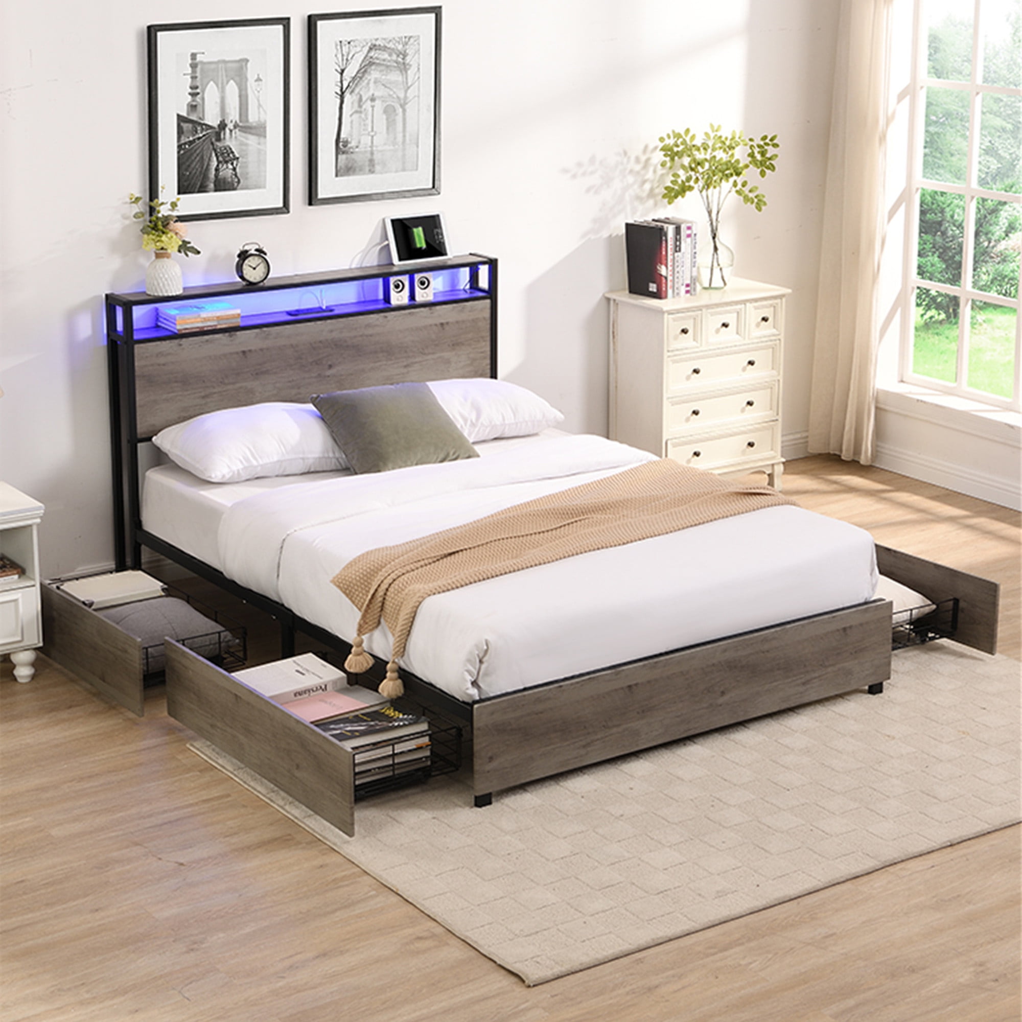 Aukfa Metal Full Size Bed Frame with USB Ports, 16 Color LED Lights, 4 Storage Drawers, Antique Gray