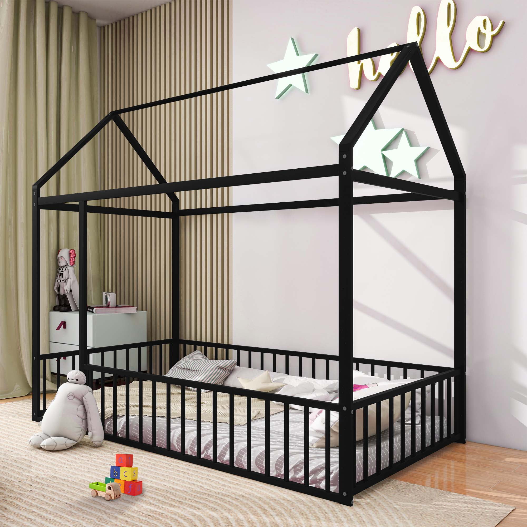 Aukfa Metal House Bed, Twin Platform Bed with Fence for Kids - Black