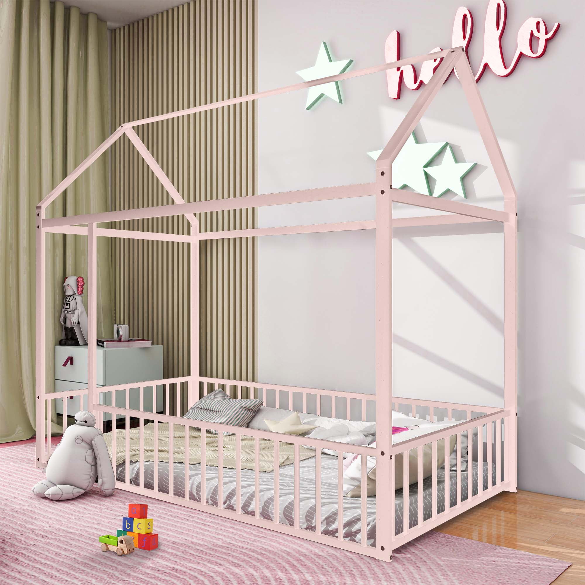 Aukfa Metal House Bed, Twin Platform Bed with Fence for Kids - Pink