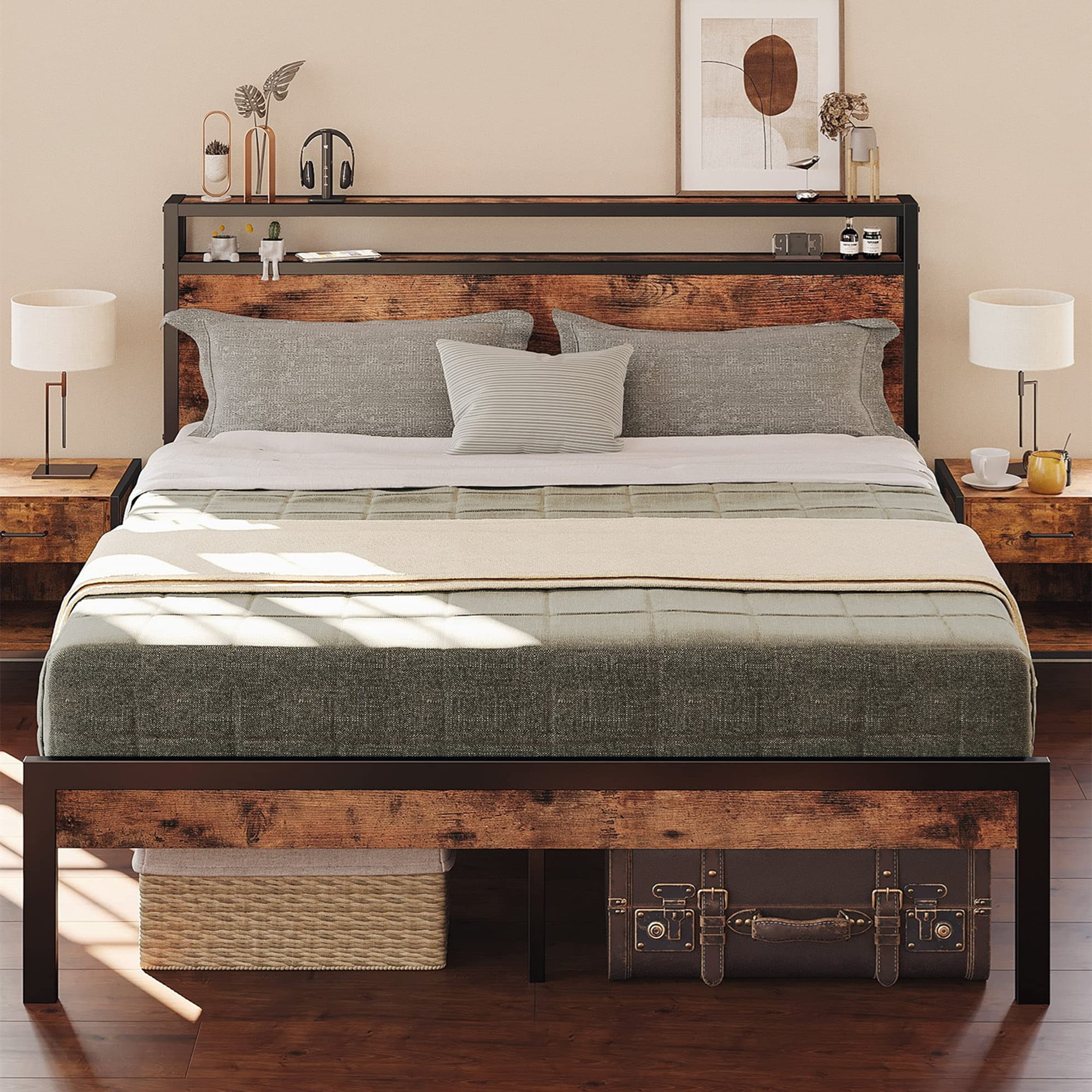 Aukfa Metal King Size Bed Frame with USB Charge Port&2-Tier Wood Storage Headboard Shelf, Black