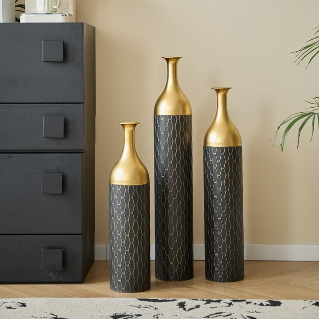 Aukfa Metal Large Floor Vases, Standing Vase Set of 3 for Home Decor,34.25"/30.31"/24.88"H,Black