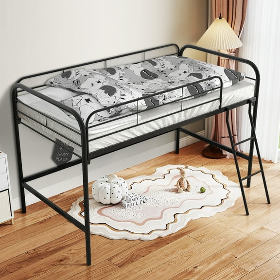 Aukfa Metal Loft Bed, Twin Size Loft Bed with Ladder for Kids Teens Junior, Black
