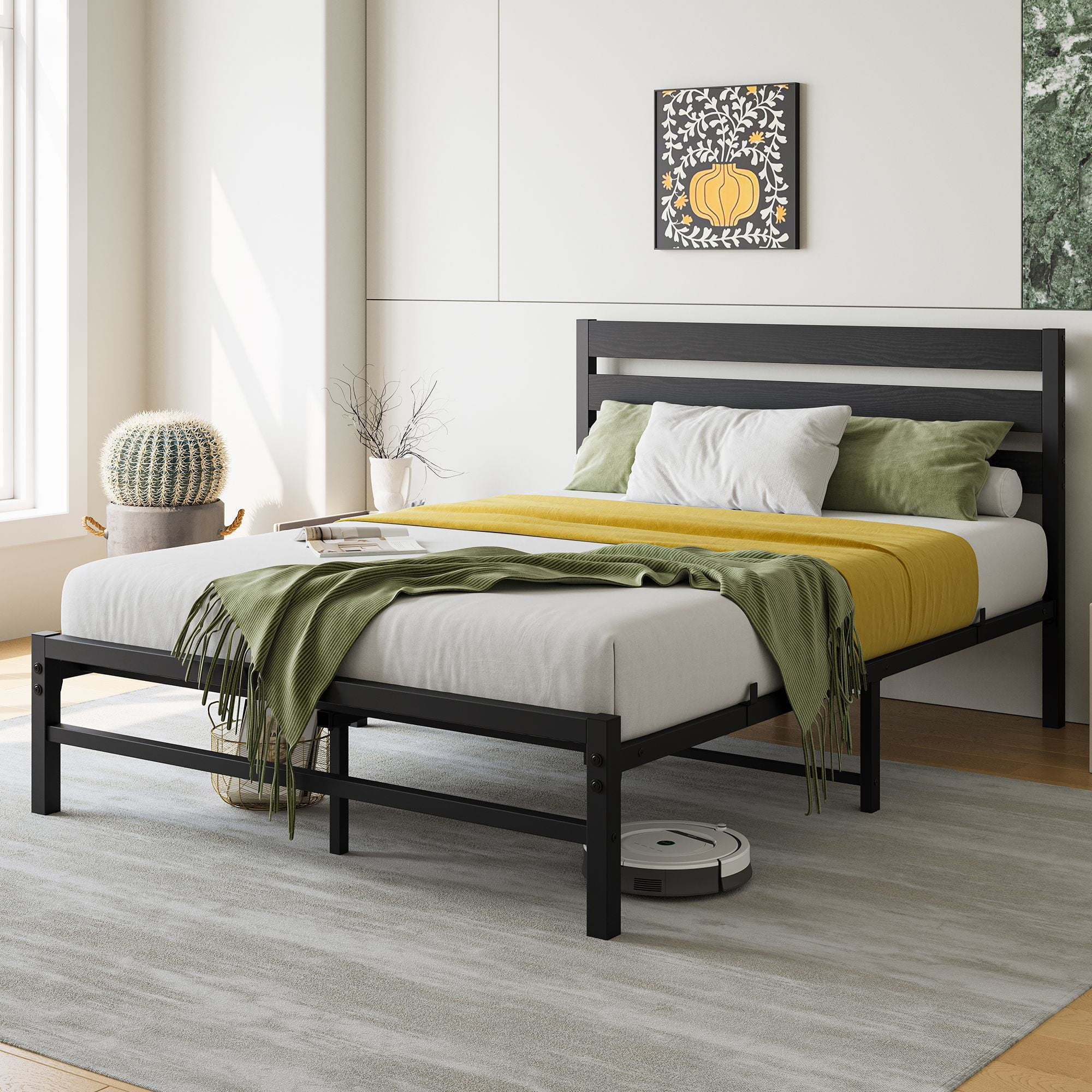Aukfa Metal Platform Bed, Full Bed Frame with Wood Headboard, Black