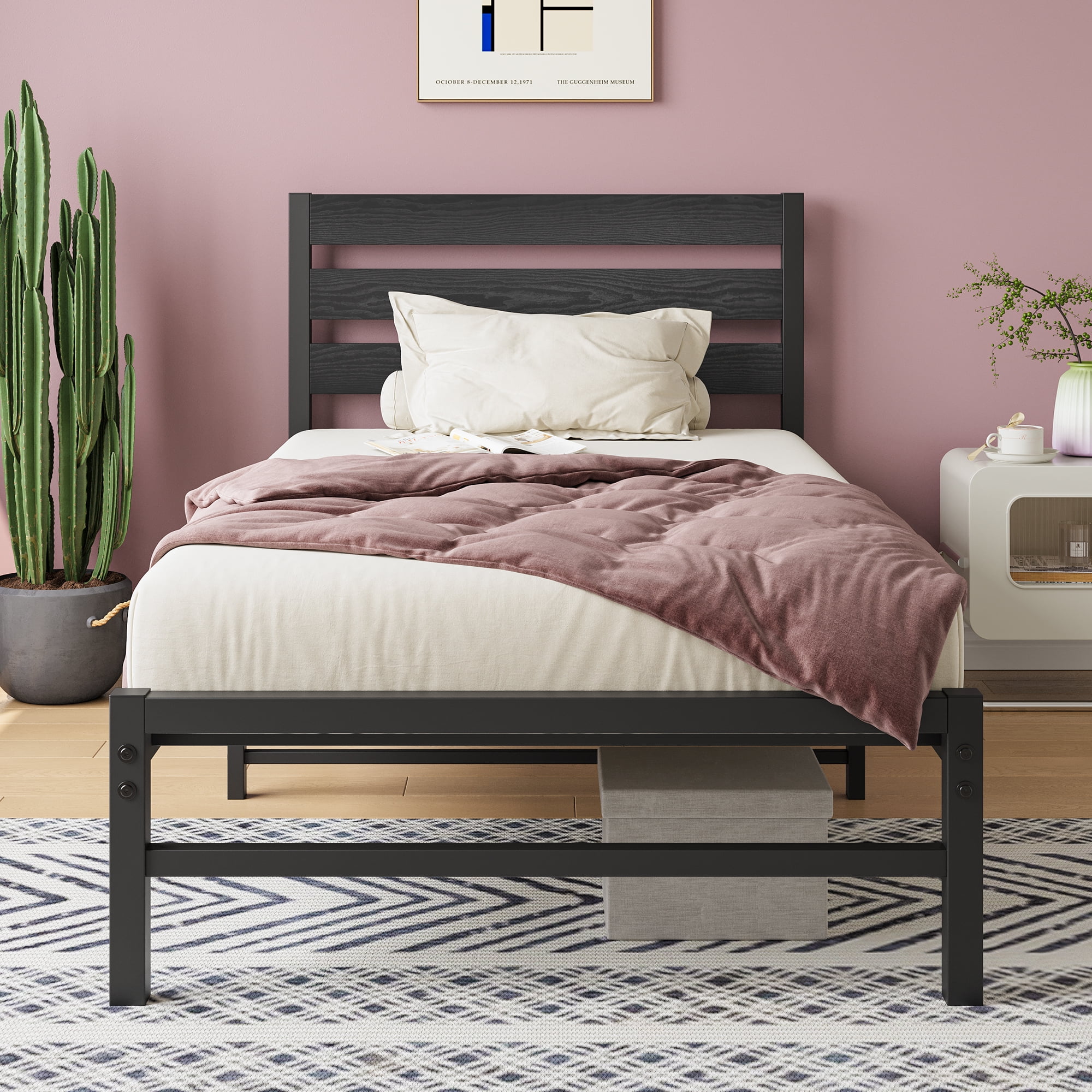 Aukfa Metal Platform Bed, Twin Bed Frame with Wood Headboard, Black