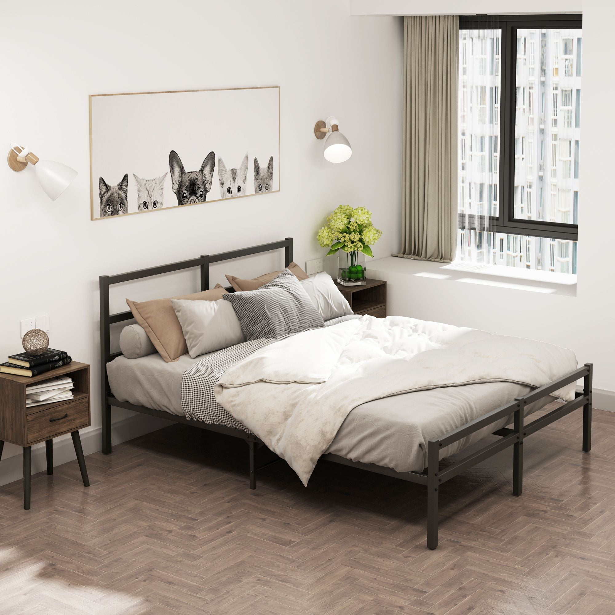 Aukfa Metal Queen Bed Frame, Platform Bed with Headboard, Black