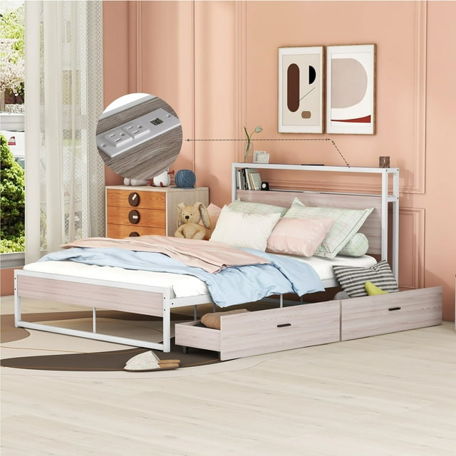 Aukfa Metal Queen Bed Frame with 2 USB Ports, Storage Drawers and
