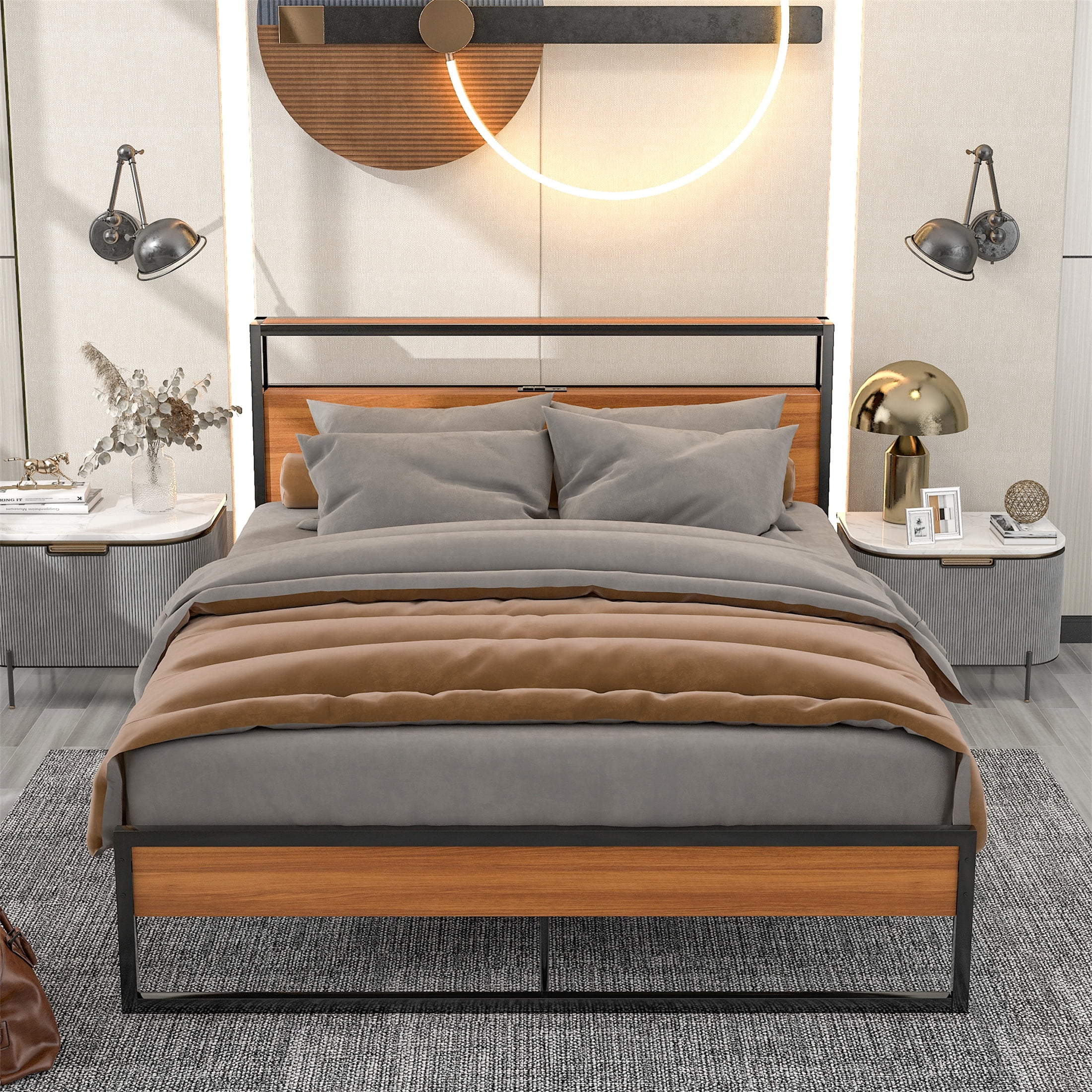 Aukfa Metal Queen Size Bed Frame with 2-Tier Storage Headboard Shelf, 2 USB Ports, Brown