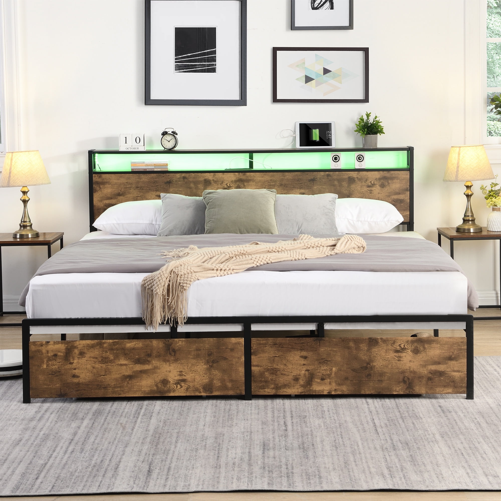 Aukfa Metal Queen Size Bed Frame with USB Ports, 16 Colors LED Lights, 2 Storage Drawers, Brown