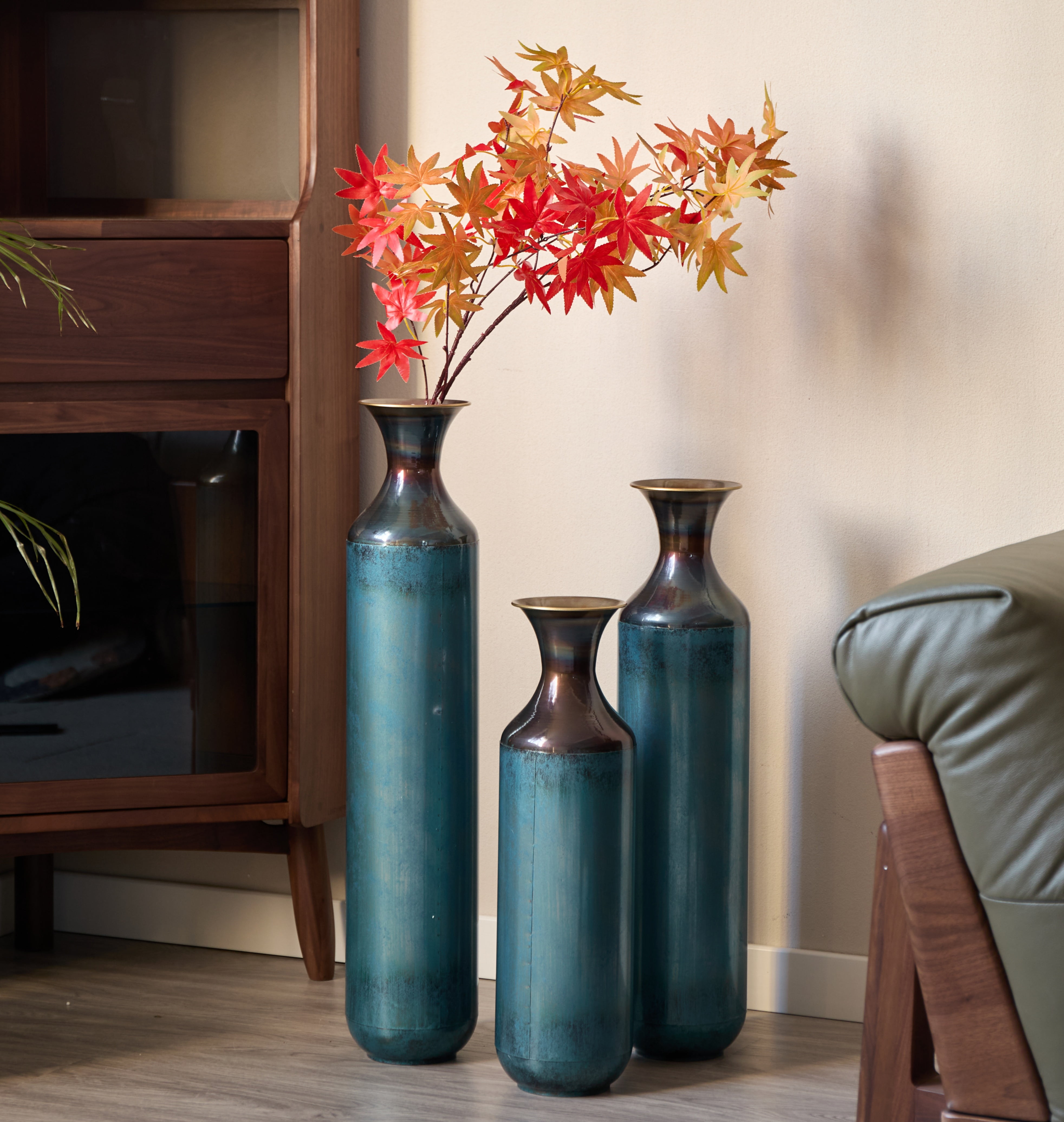 Aukfa Metal Tall Floor Vases for Decoration, Large Floor Vase Set of 3,Droplet Shaped,28.34"/24.4"/20.4"H,Aqua Blue