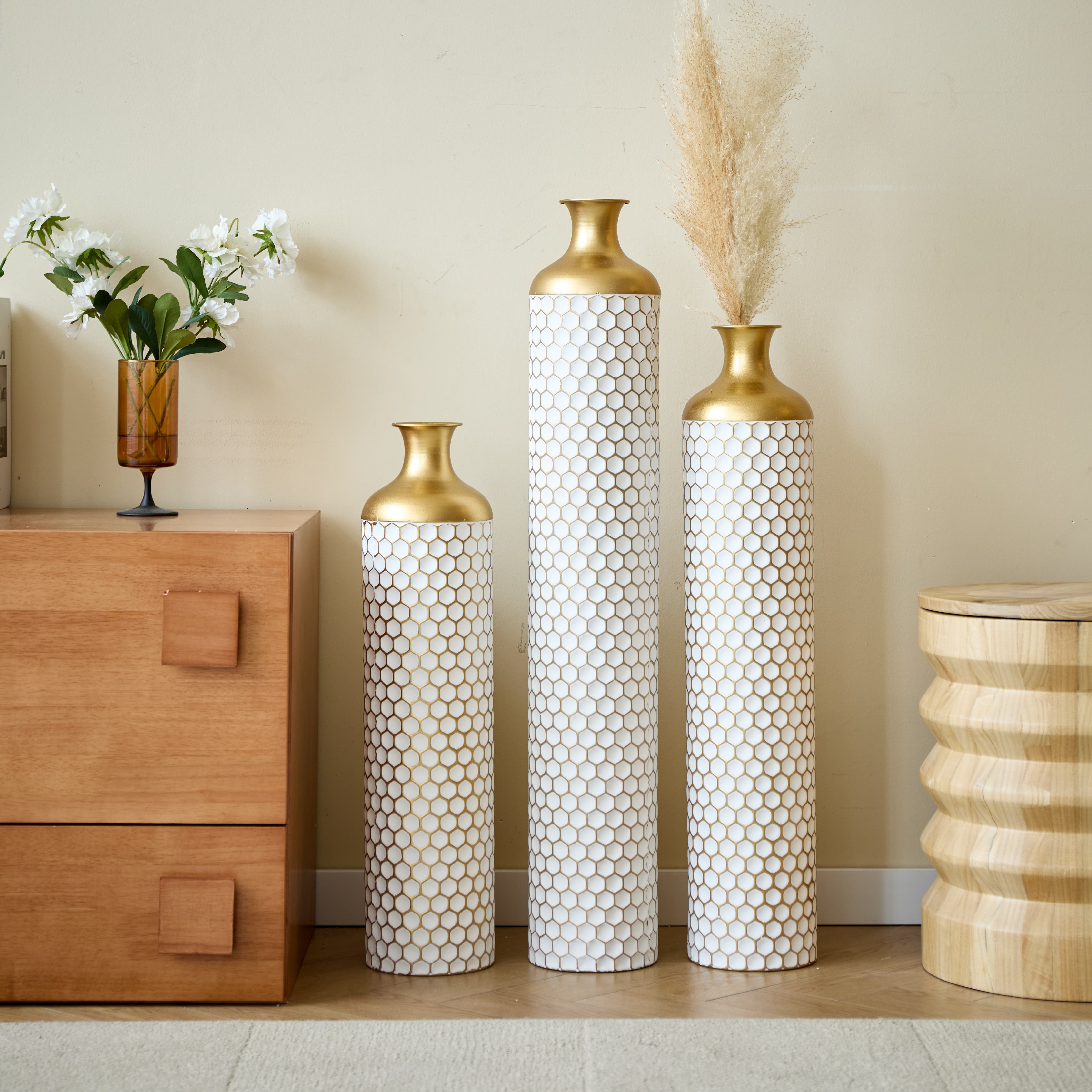 Aukfa Metal Tall Floor Vases for Decoration, Large Floor Vase Set of 3,Droplet Shaped,33.4"/28.74"/24.4"H,White