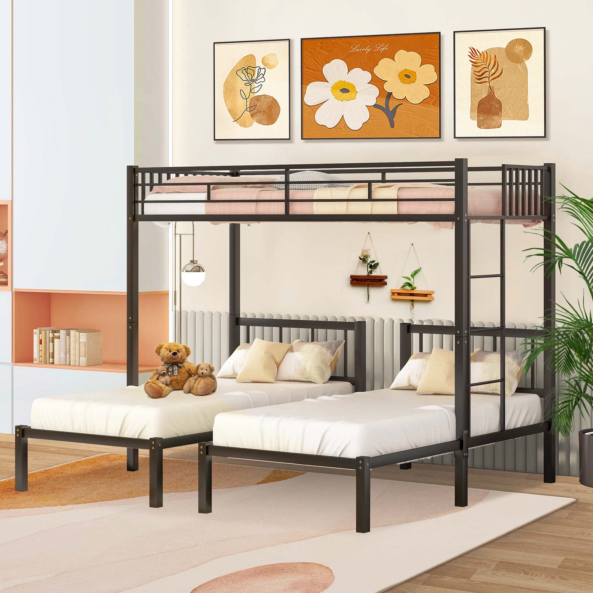 Aukfa Metal Triple Bunk Bed, Convertible to 3 Twin Bed for Kids Teens, Twin over Twin & Twin, Black