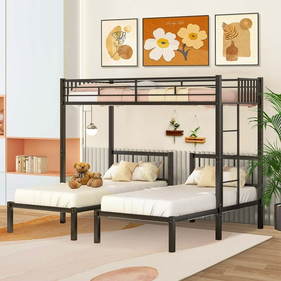 Aukfa Triple Bunk Bed for Kids Teens, Wood Slats Support, Convertible 3 Twin Metal Bed Frame, Black