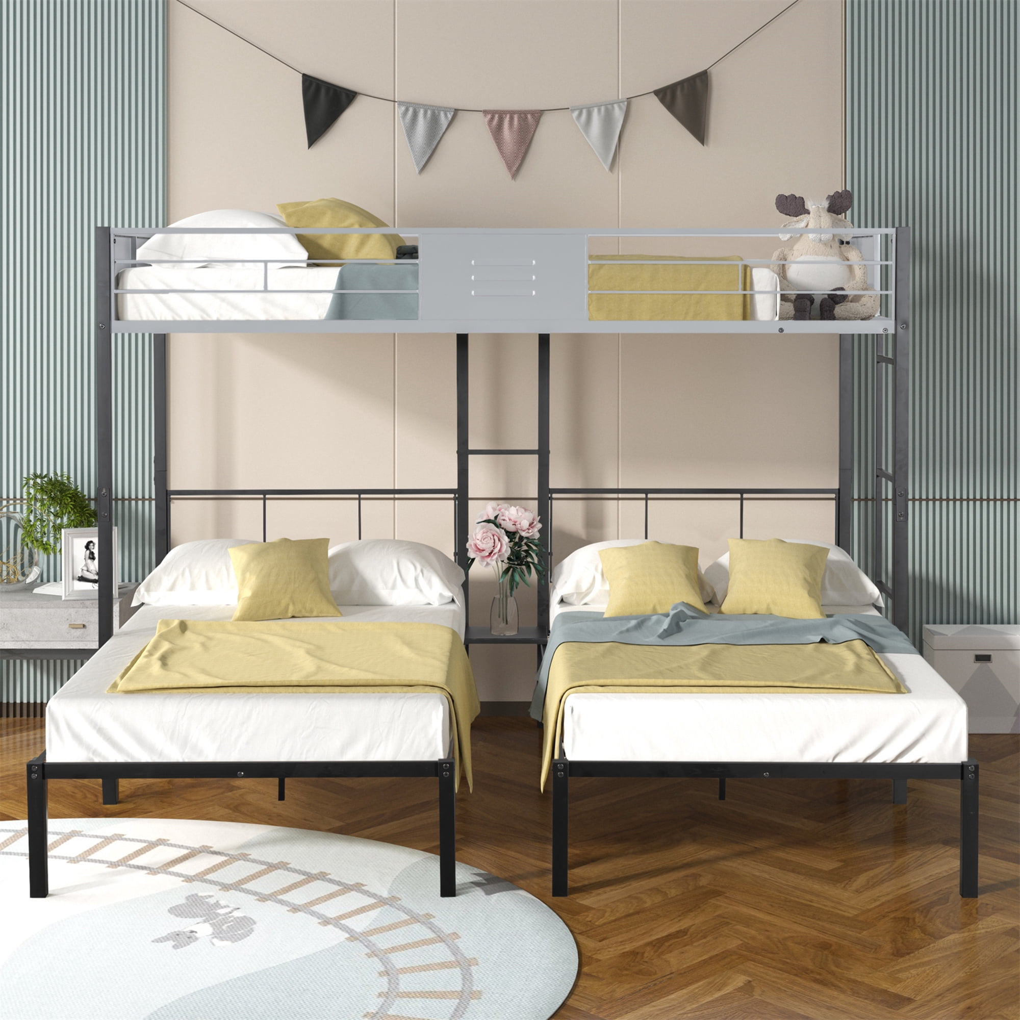 Aukfa Metal Triple Bunk Bed with Wooden Slats for Kids, Convertible to 3 Twin Bed Frame, Noise Free, Black