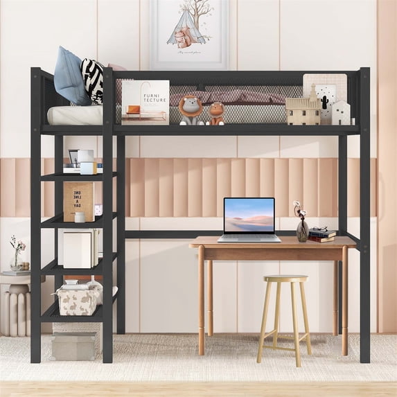 Aukfa Metal Twin Loft Bed for Kids Teens, 4-Tier Shelves, Storage Bookcase, Heavy Duty, Black